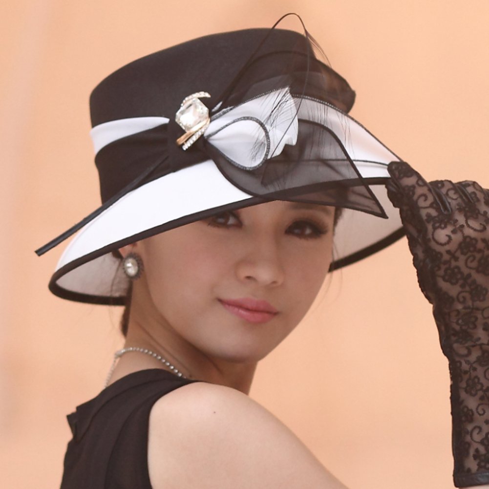 Elegant Black & White Derby Hats with Feather for Women | Formal Church & Wedding Hats | Stylish Bucket Hat for Sunday Service, Tea Party & Special Occasions