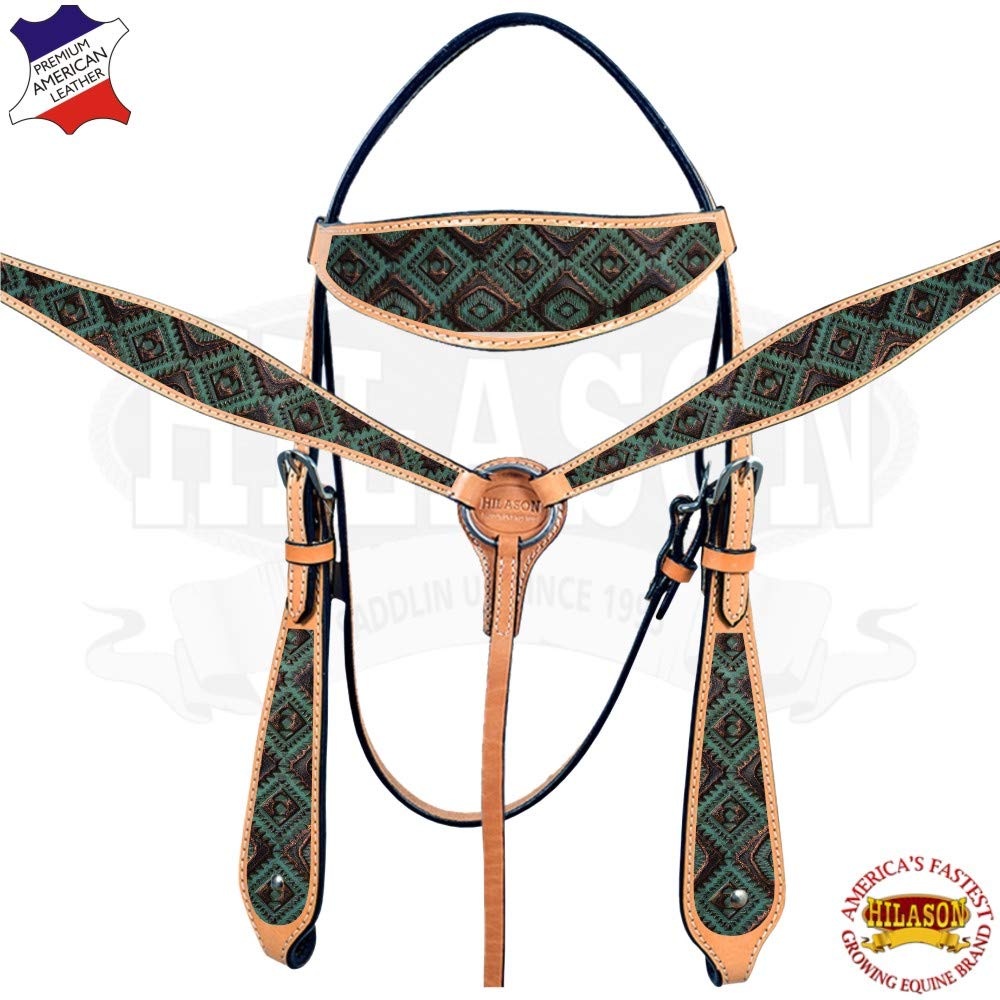 HILASON Western Horse Headstall Breast Collar Set - Genuine American Leather Tack for Horses | Durable Leather Headstall & Breast Collar Combo | Perfect for Trail Riding, Rodeo & Western Horse Training