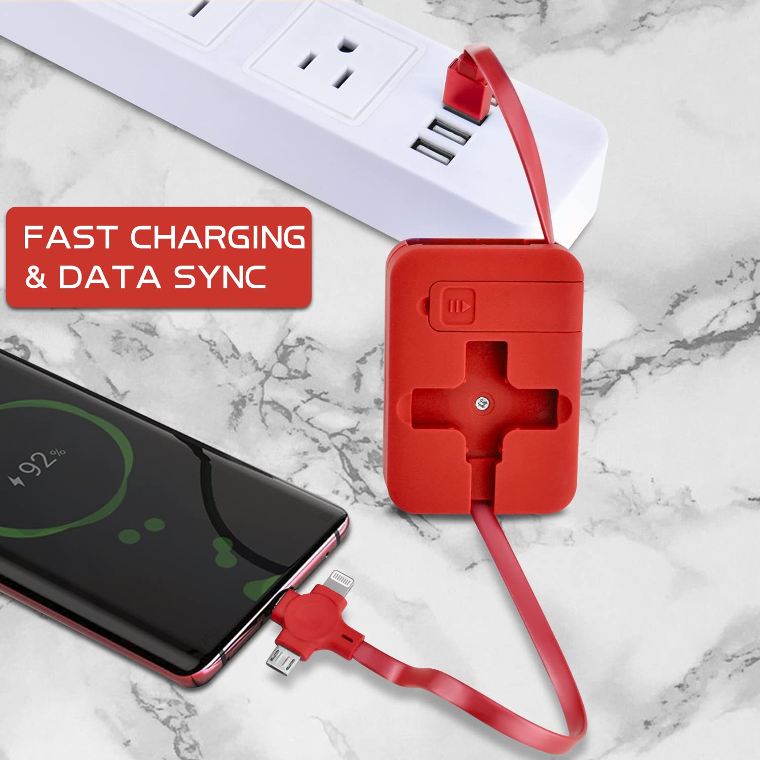 TEXXY 3-in-1 Retractable Charging Cable - Multi Charger for iPhone, Android, Laptop & Tablet - Portable Phone Holder & USB-C/Micro-USB/Lightning Cable - Perfect for Travel, Office & Home Use (Red)