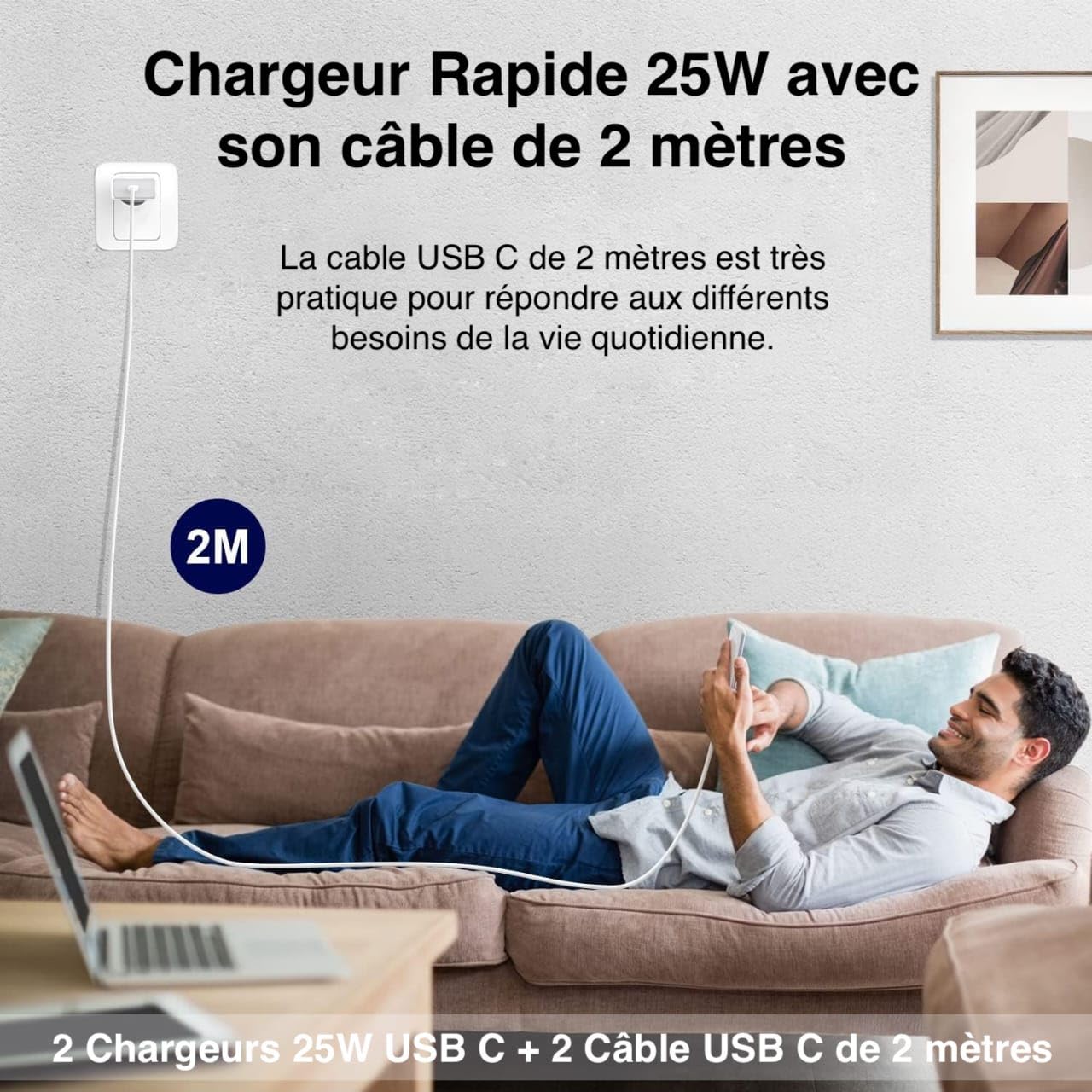 2-Pack 25W Fast Charger for iPhone with 2 x 6.6ft USB-C Cables - Compatible with iPhone 14/13/12/11/X/8/7, AirPods & iPad - Quick Charge Power Adapter for Home, Office & Travel