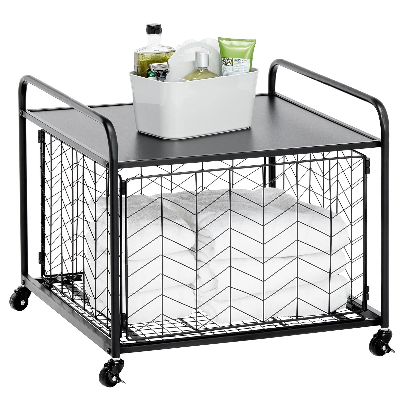 mDesign Small Portable Mini Fridge Storage Cart with Wheels - Mobile Rolling Organizer for Refrigerator, Microwave & Appliances - Includes Drawer Basket - Perfect for Dorm Room, Studio & Small Apartments - Black - Ideal for Kitchen Storage, Bedroom Organization & Small Space Living