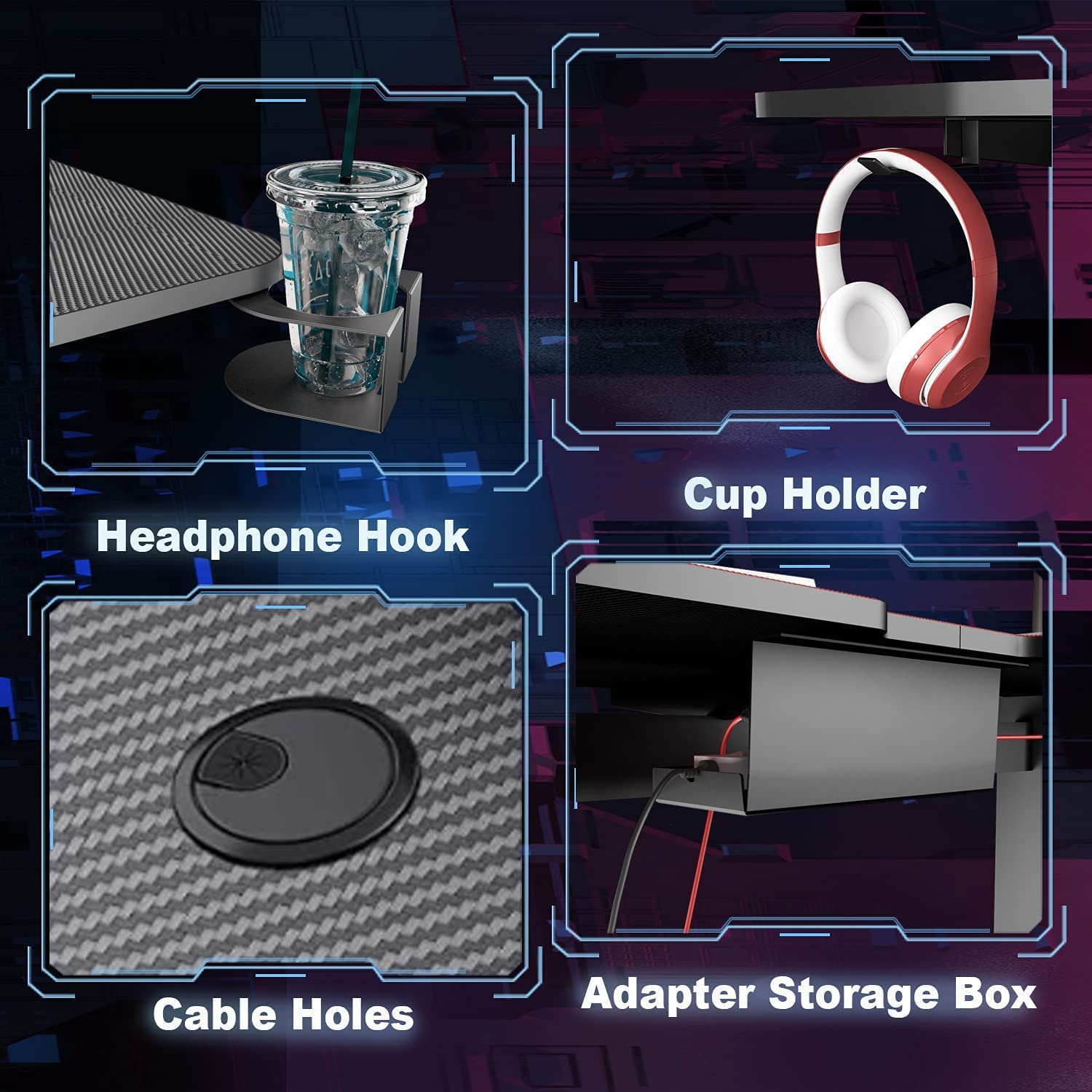 Sleepmax 63 Inch Gaming Desk - Heavy Duty Computer Table with Carbon Fiber Surface & Large Mouse Pad - Black PC Gaming Desk with Cup Holder & Headphone Hook - Perfect for Esports, Streaming & Home Office Setup