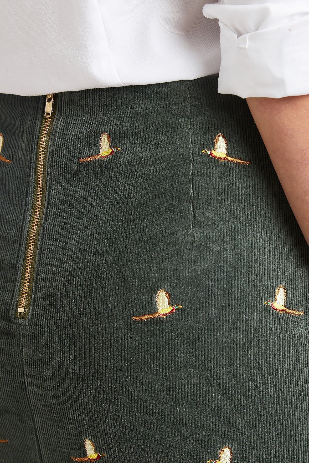 Women's Corduroy A-Line Skirt in Olive Green with Pheasant Print - Perfect for Fall Fashion, Casual Outings, and Office Wear