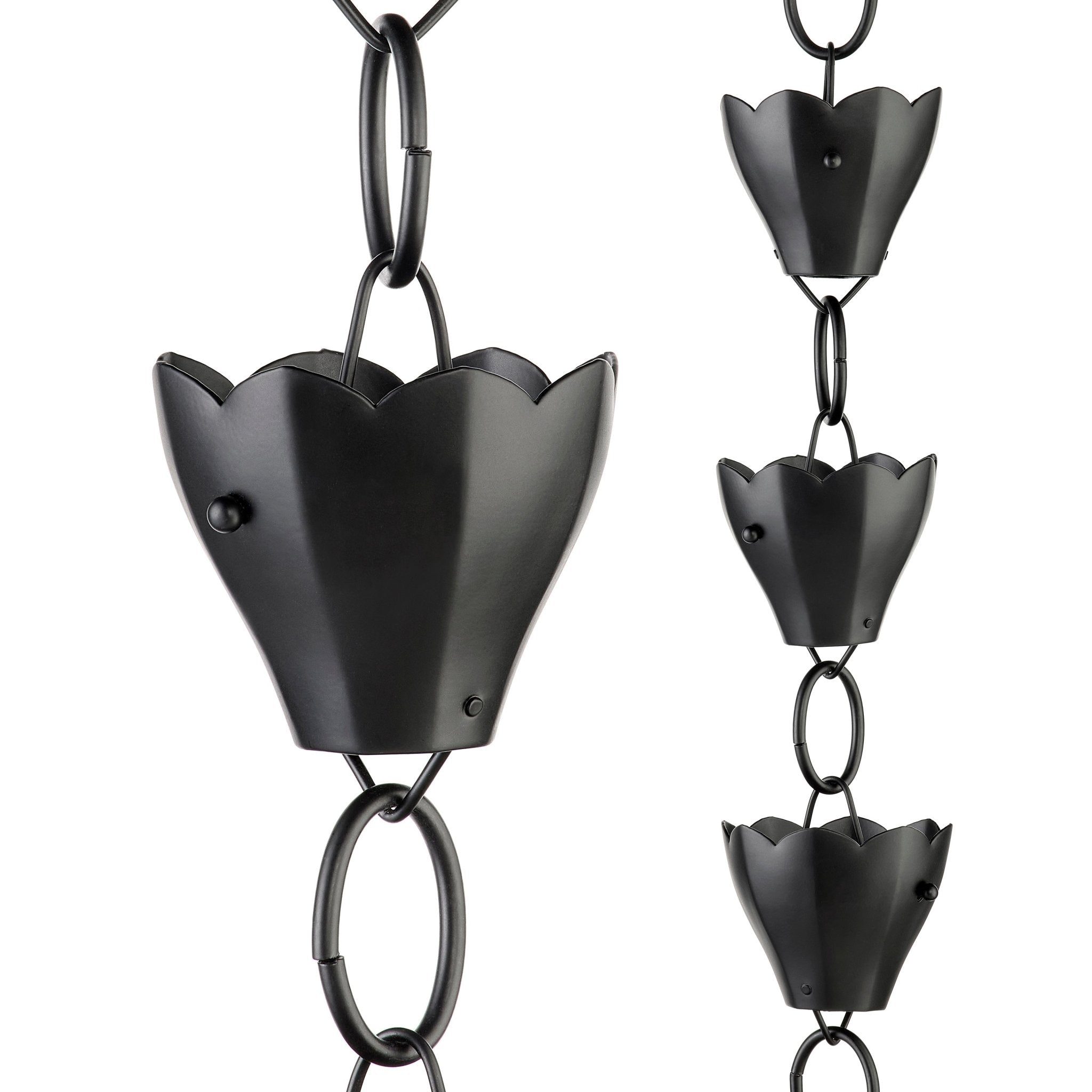 Black Tulip Rain Chain 8.5 ft with 13 Large Cups - Elegant Garden Gutter Downspout Decor for Outdoor Water Drainage