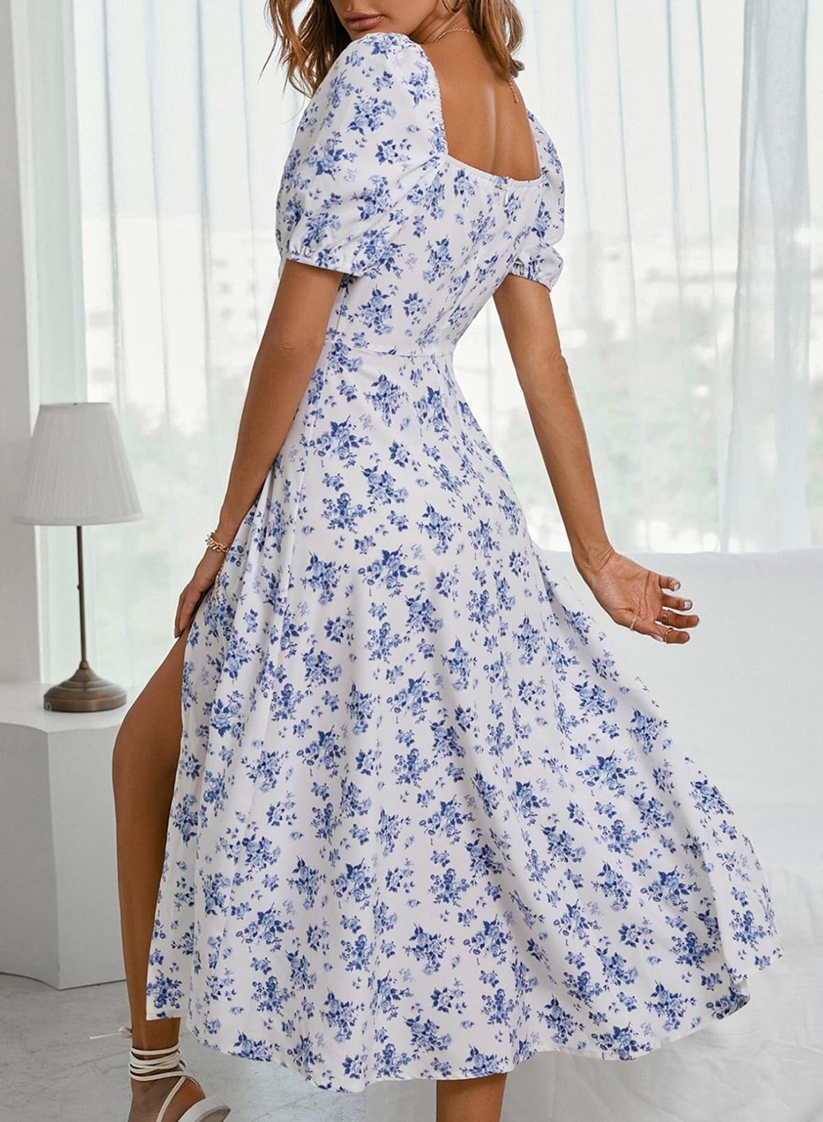 BLENCOT Women's Summer Casual Short Sleeve Square Neck Split Midi Dress - Flowy Beach Dress for Vacation, Date Night & Outdoor Parties