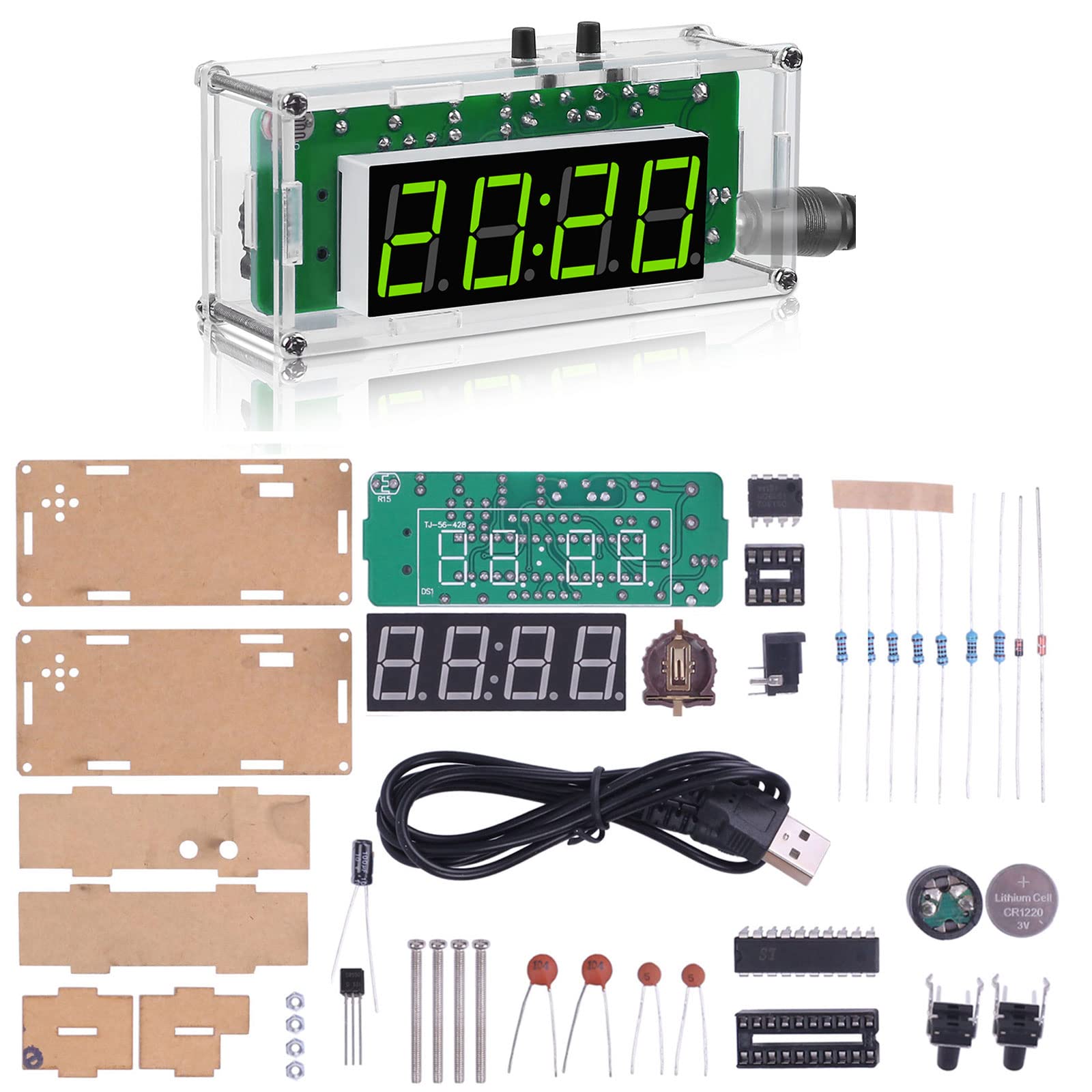 MiOYOOW TJ-56-428 4-Digit Digital DIY Clock Kit with Acrylic Shell - Soldering Practice Kit for Students & Electronics Hobbyists - Learn Electronics with DIY Alarm Clock Project - Perfect for STEM Education & Home Workshop Projects