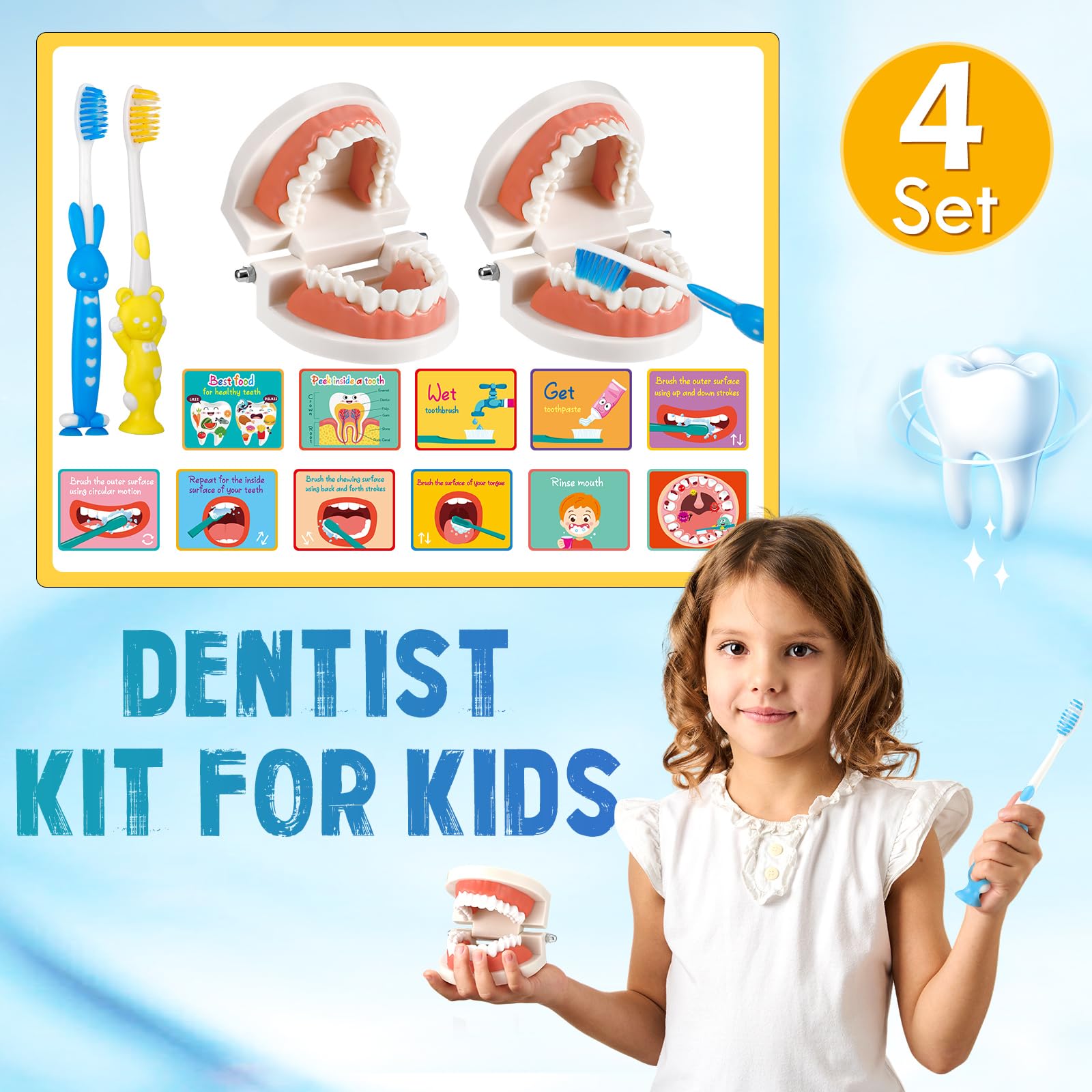 Skylety 4-Piece Kids Dentist Play Set with Dental Teeth Model, Toothbrush & Educational Cards - Standard Size Fake Braces for Child Dental Teaching & Role Play | Perfect for Classroom Demonstrations, Homeschool Learning & Pretend Play