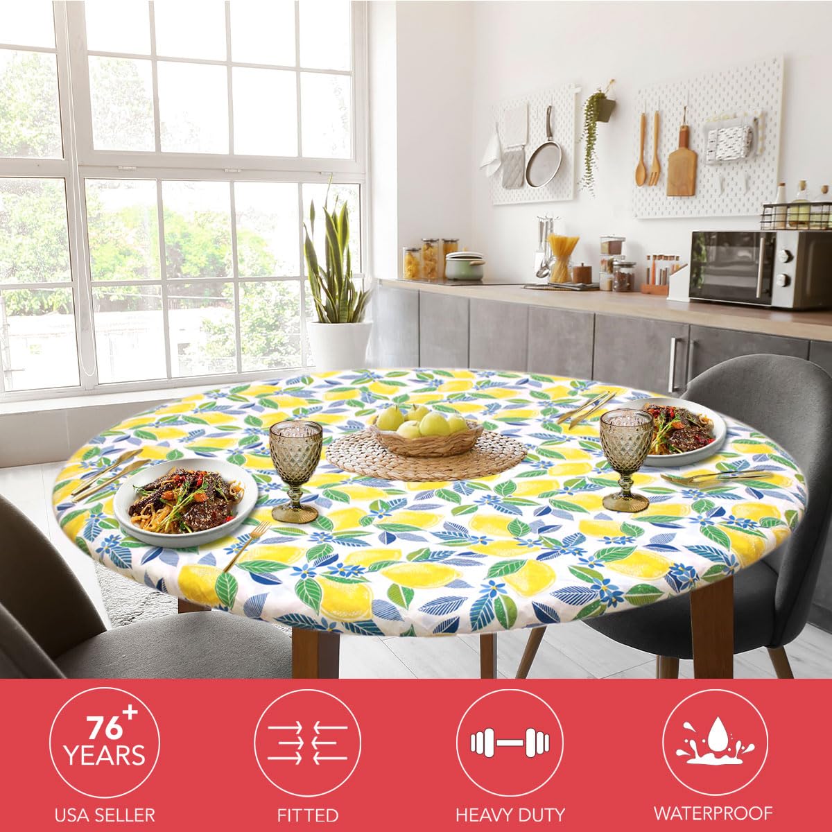 Premium Elastic Flannel-Backed Vinyl Tablecloth - Modern Lemon Print - Fits Round/Oval Tables 45