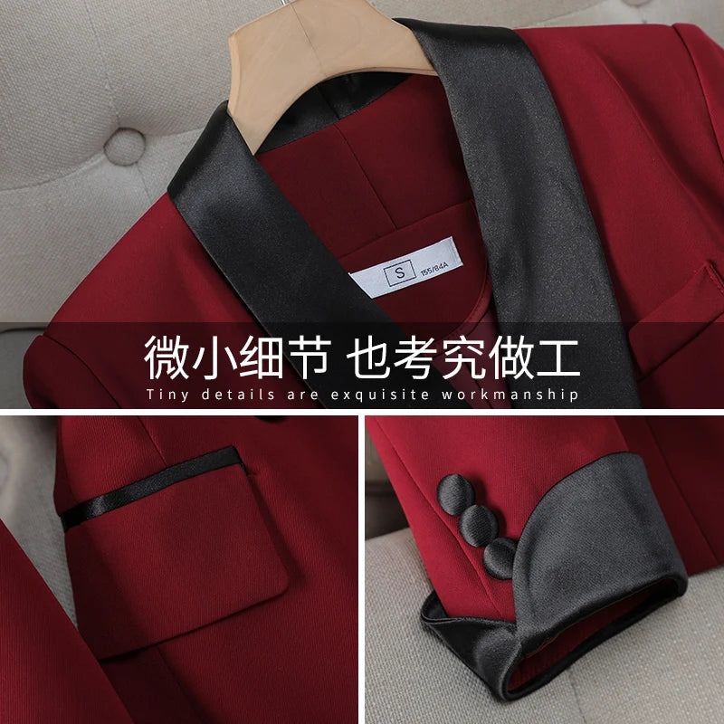 Elegant Women's Autumn Work Blazer Suit Set - Black & Red Patchwork Double Breasted Coat with High Waist Pants for Office Ladies | Professional Outfit for Business Meetings & Formal Occasions