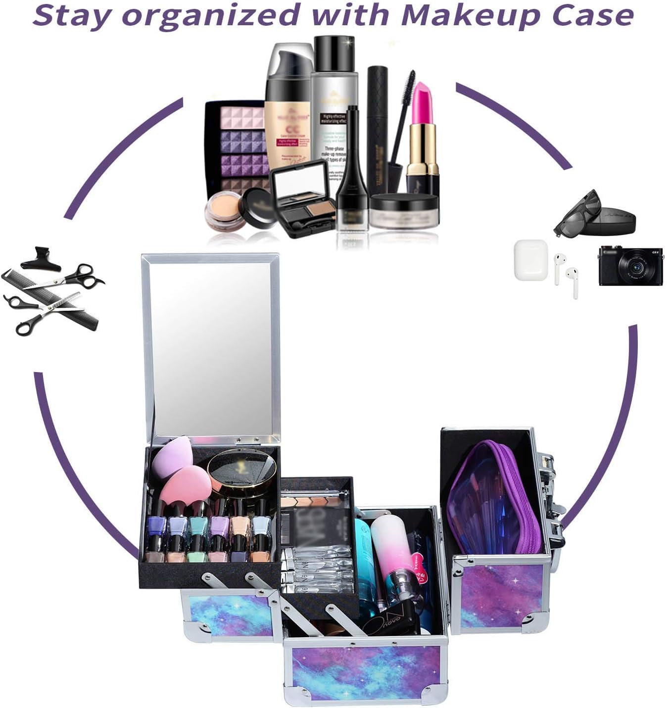 Joligrace Vanity Case Makeup Organizer with 5X Magnifying Mirror - Portable Cosmetic Storage Box for Travel, Home & Salon Use - Purple Unicorn Design Beauty Train Case