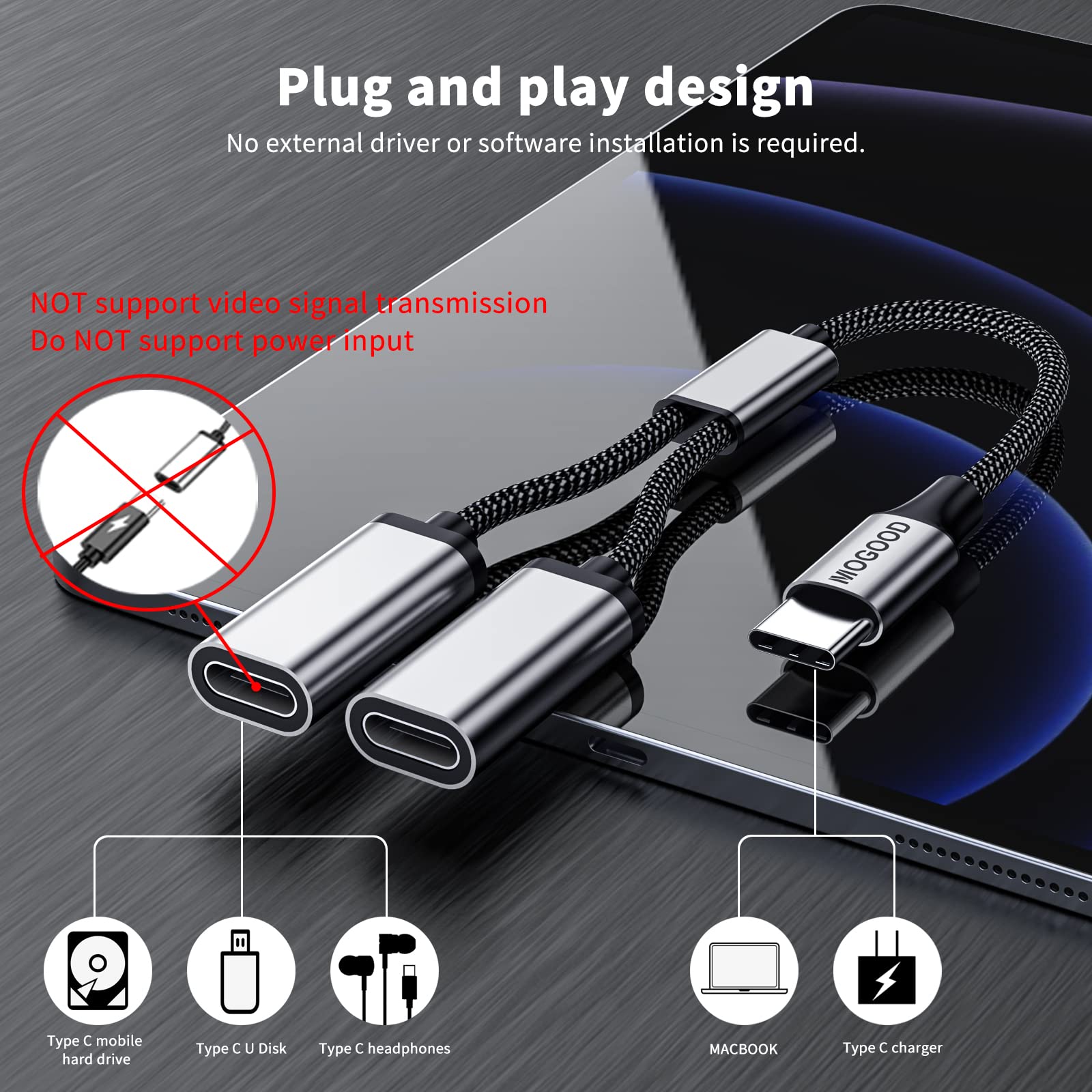 USB C to Dual USB C Female Adapter - 2 Ports, 5V/0.9A Power Output, Durable & Compact Design for Data Transfer (Not for Monitor/Charging) - Perfect for Laptops, Phones & Tablets