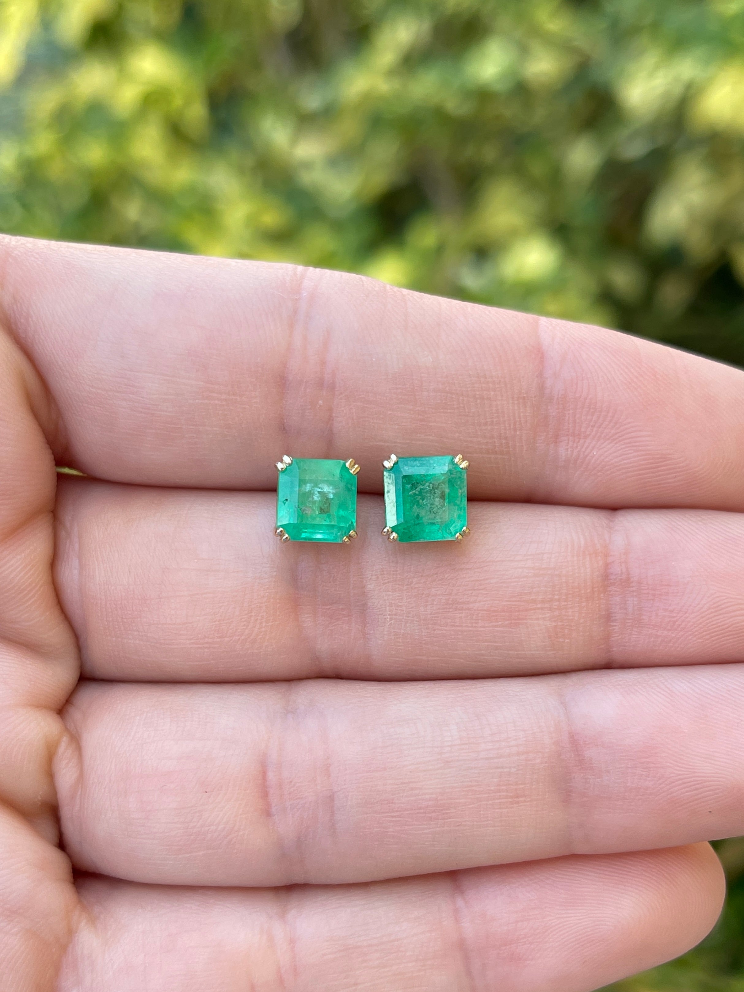 2.45tcw 7x7 Earthy Natural Asscher Cut Colombian Emerald Double Prong Stud Earrings in 14K Gold – Perfect for Weddings, Parties & Everyday Elegance