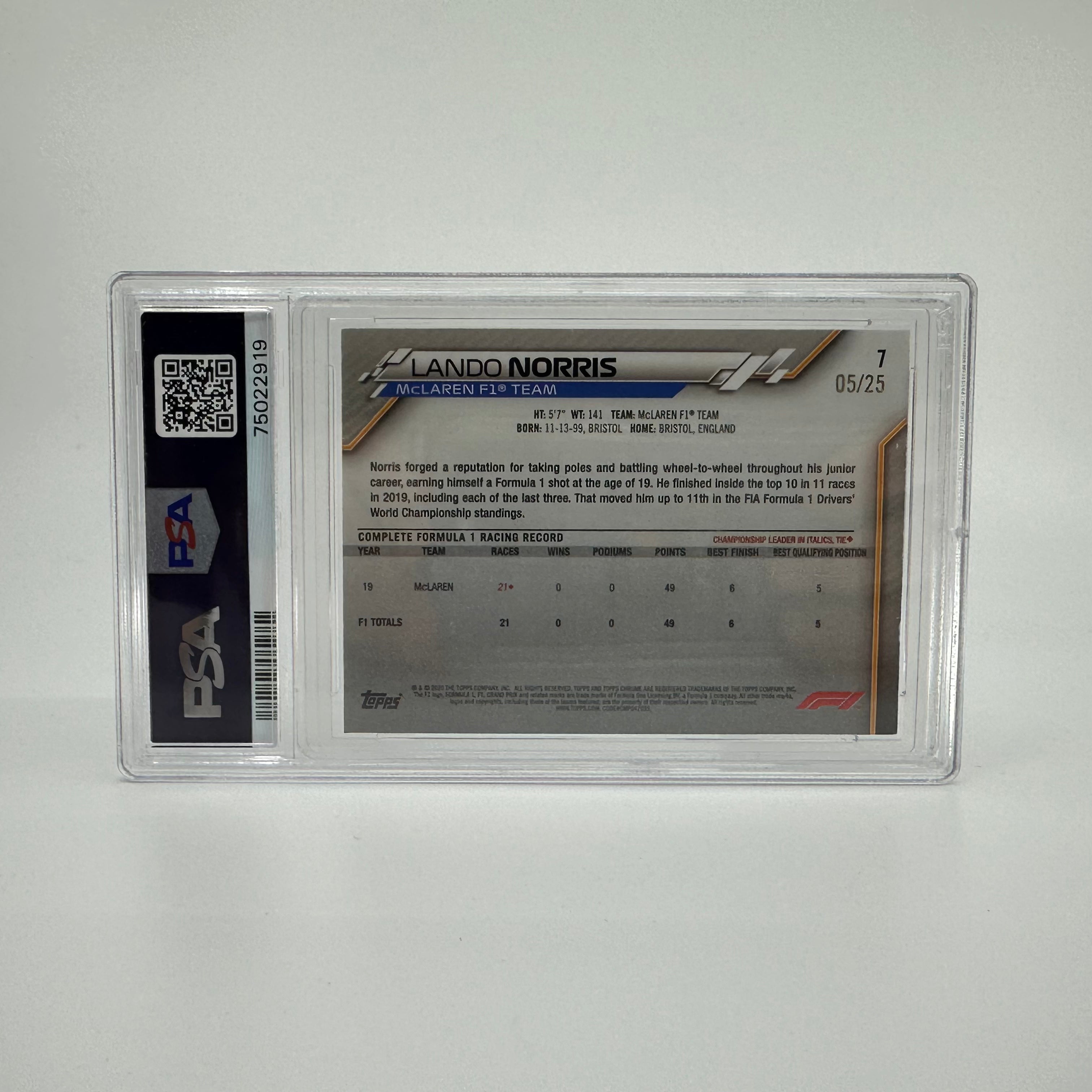 2020 Topps Chrome Formula 1 Lando Norris #7 PSA 7 Sapphire Edition SP Orange - Rare F1 Trading Card for Collectors, Racing Fans & Sports Memorabilia Enthusiasts