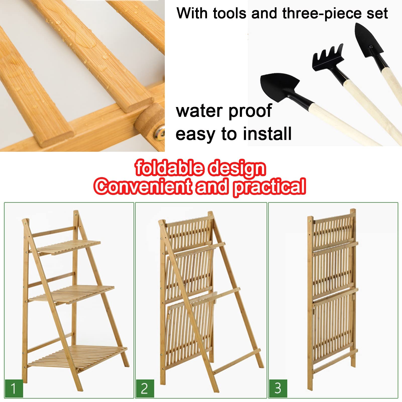 LIGUOYI 3-Tier Bamboo Plant Stand - Adjustable Hanging Flower Pot Holder Organizer for Indoor & Outdoor Use - Perfect for Patio, Garden, Living Room, Balcony & Bedroom Decor
