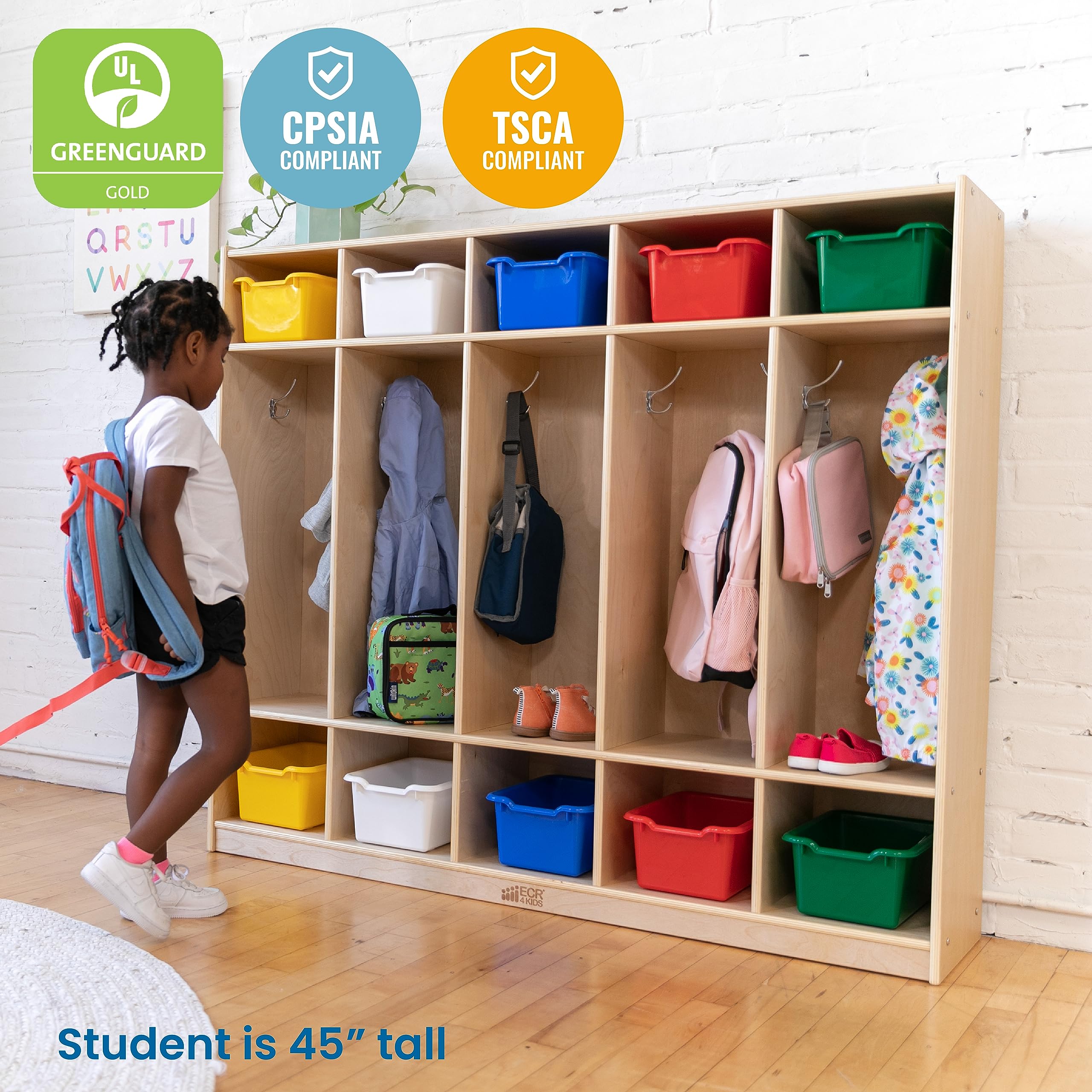ECR4Kids 5-Section Straight Coat Locker - Natural Wood Classroom Storage Furniture for Jackets, Backpacks & School Supplies - Perfect for Preschools, Daycares & Elementary Schools