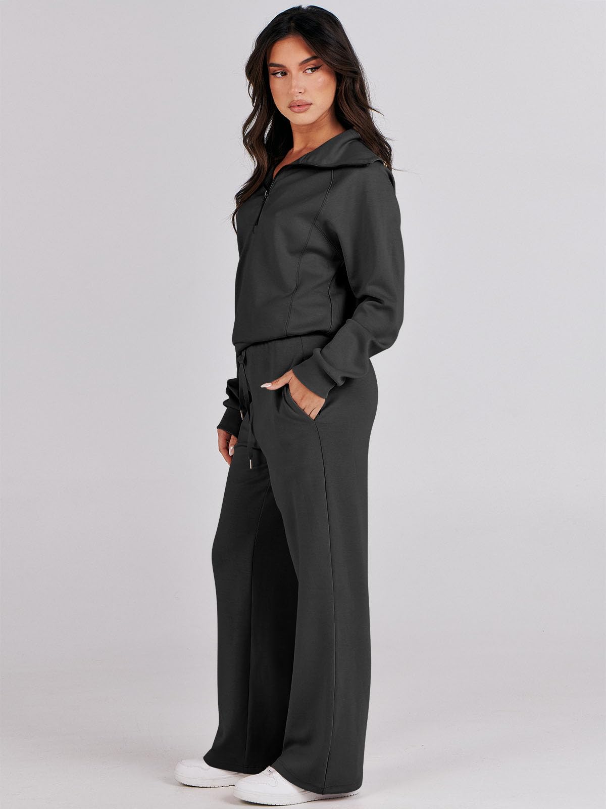 Caracilia Women's 2-Piece Oversized Sweatsuit Set - Half Zip Hoodie & Wide Leg Sweatpants | Fall Lounge Wear, Casual Outfit, Athleisure Tracksuit for Women | Perfect for Home, Gym, Running Errands & Coffee Dates