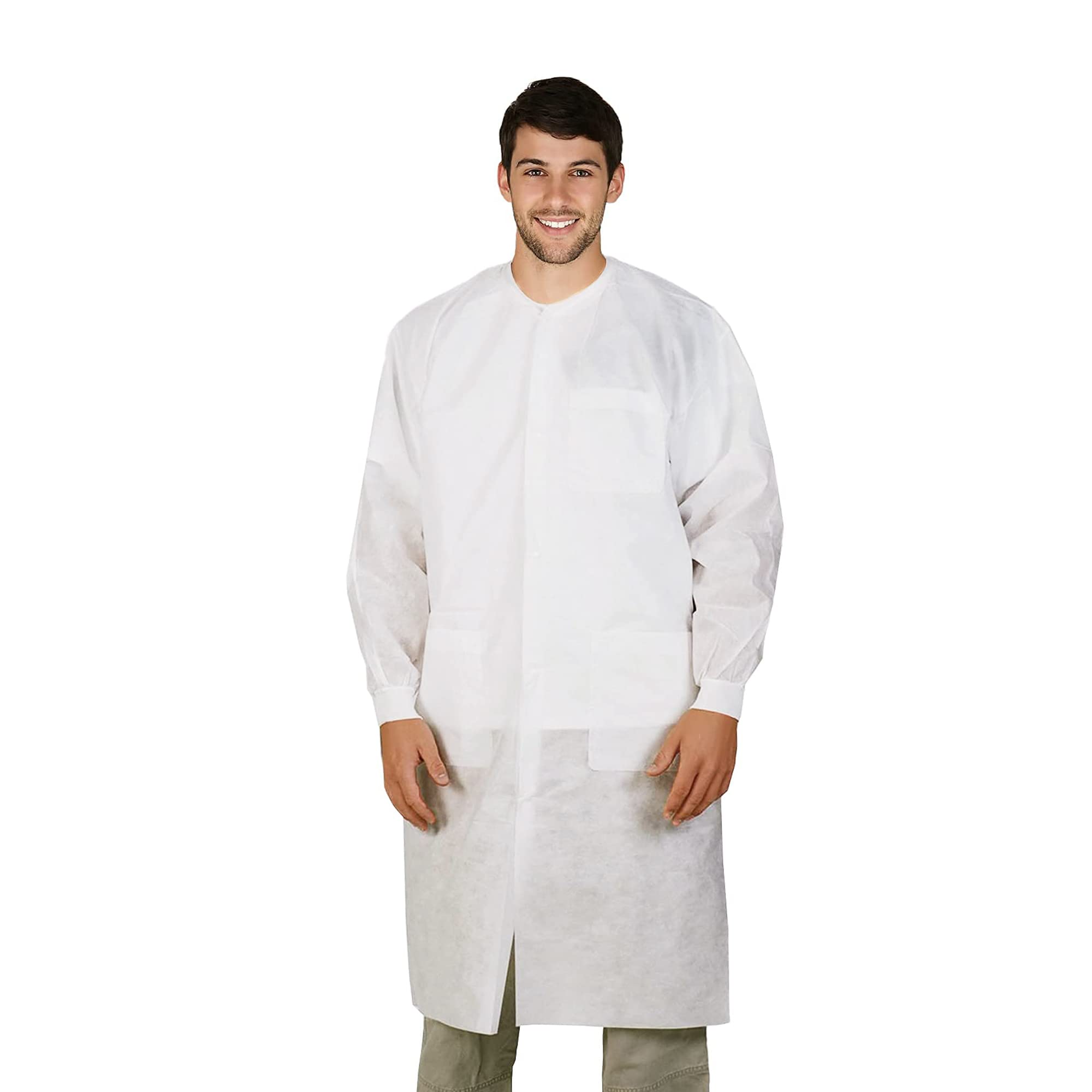 EZGOODZ White Disposable Lab Coats for Adults - Large Size (50 Pack) | Medical PPE Protective Coat with 3 Pockets, Cuffs & Plastic Snaps | 45 GSM Splash-Proof Painting Lab Coat for Healthcare, Labs & Industrial Work