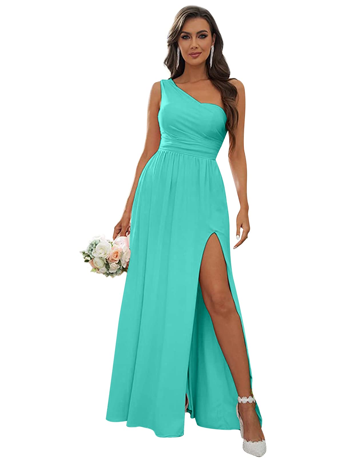 FEOLATE Elegant One Shoulder Long Bridesmaid Dress for Wedding, Formal Evening Party Gown with High Slit - Perfect for Prom, Cocktail Party, and Special Occasions