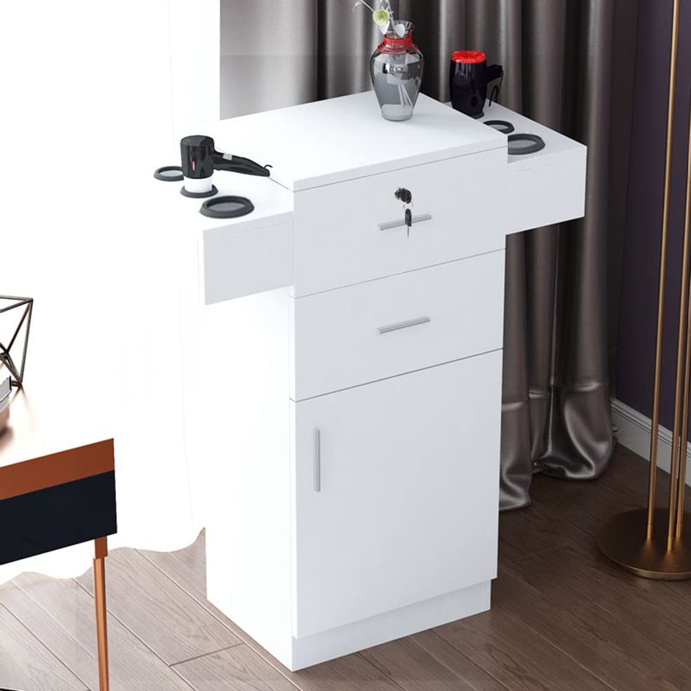 Paddie Locking Salon Storage Cabinet for Hair Stylists - Professional Barber Station with 6 Hair Dryer Holders & 2 Drawers - White Beauty Spa Equipment for Salon Organization & Styling Station Setup
