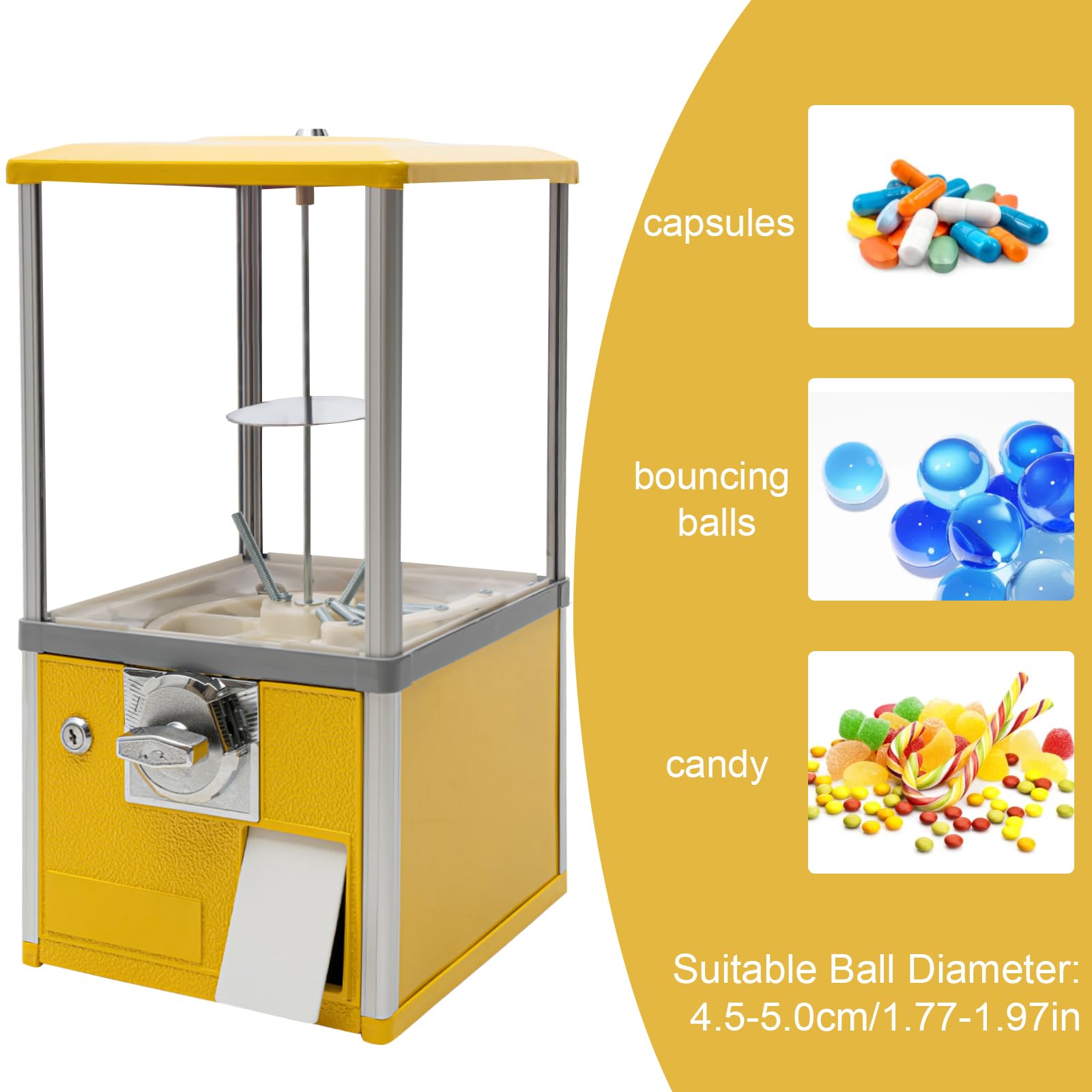 25 Cent Coin Operated Vending Machine - Commercial Gumball & Toy Capsule Dispenser - Prize & Candy Machine for Small Treats, Nuts, Feed (Yellow) - Perfect for Arcades, Retail Stores & Party Favors