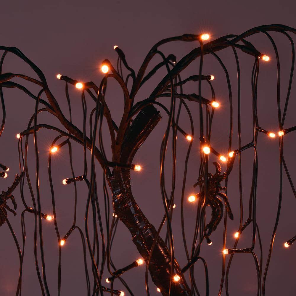 24 Inch Halloween LED Lighted Willow Bonsai Tree - 80 Orange Lights, Tabletop/Desk Lamp with 4 Spiders - Plug-in & Battery Powered - Perfect for Christmas, Nativity, Party & Home Decor