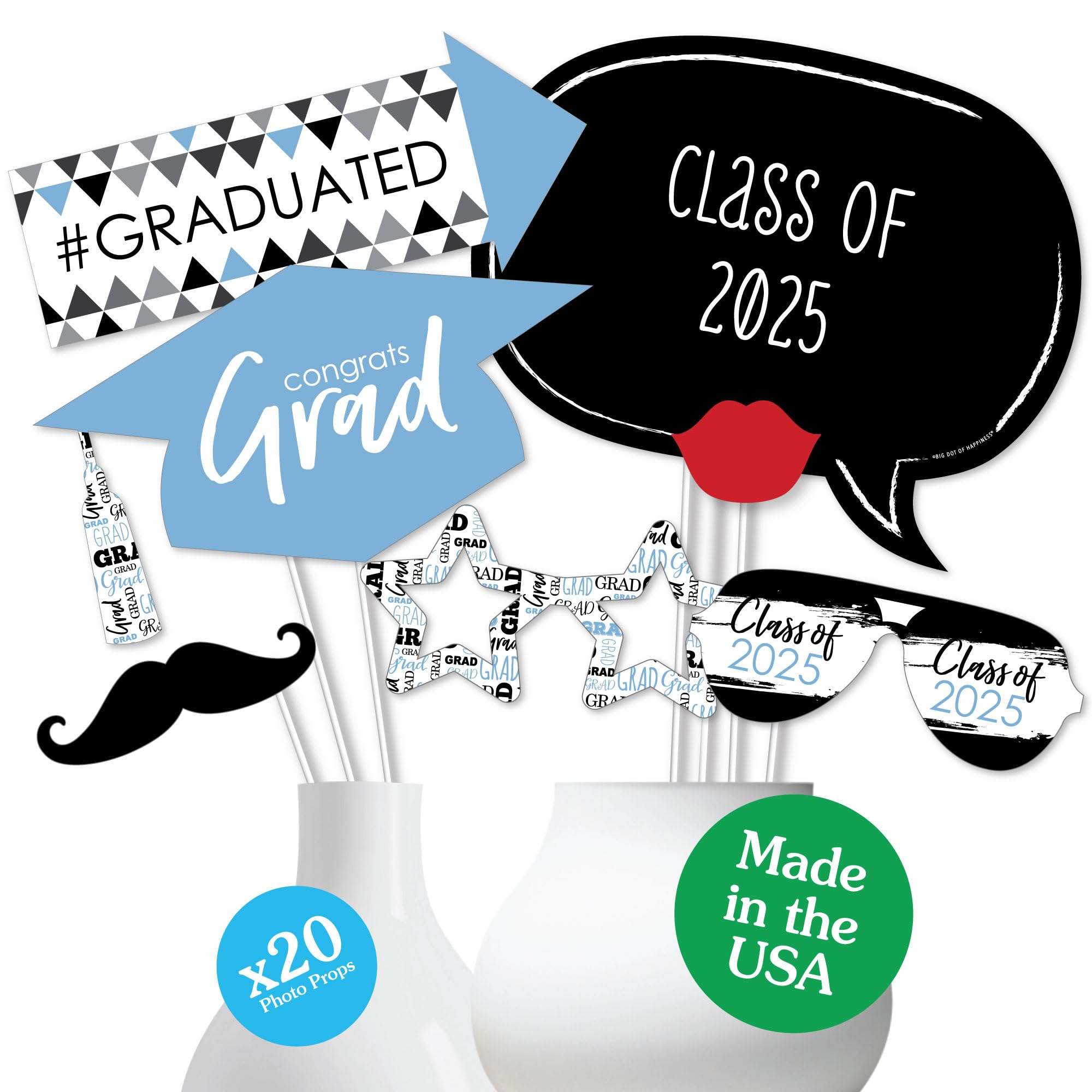 Big Dot of Happiness Light Blue 2025 Graduation Photo Booth Props Kit - 20 Count Graduation Party Supplies & Decorations for Class of 2025 - Perfect for Graduation Ceremonies, Parties & Photo Backdrops