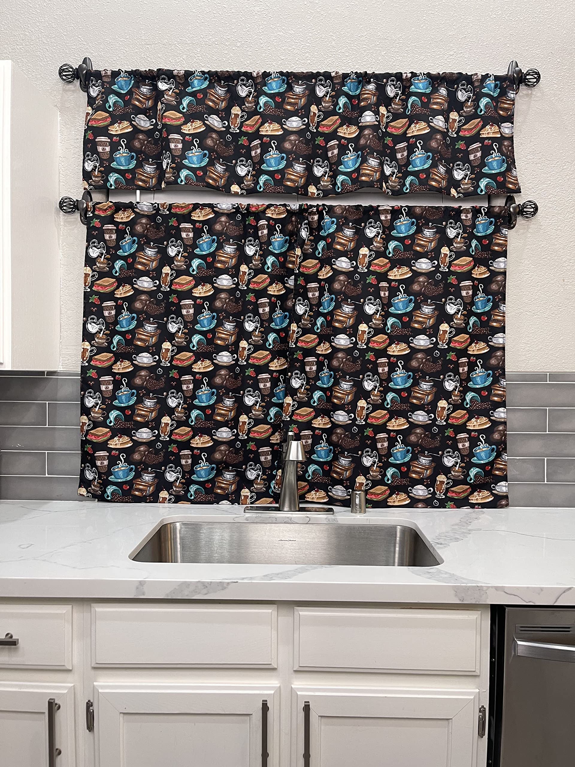 UpNUpCo Artistic Coffee-Themed Kitchen Curtain Set - 3-Piece Bistro Style Window Treatment with Coffee Decor Fabric, Tier & Valance - Perfect for Cafés, Coffee Shops & Cozy Home Kitchens