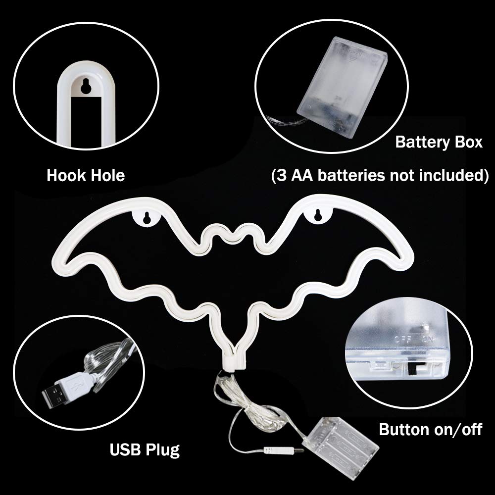 Vicila LED Neon Bat Lights - Christmas Decor, Bat Shape Night Light with Battery - Desk & Table Lamp for Bedroom, Bar, Wall, Nursery - Perfect for Halloween, Parties & Home Decor (Red)