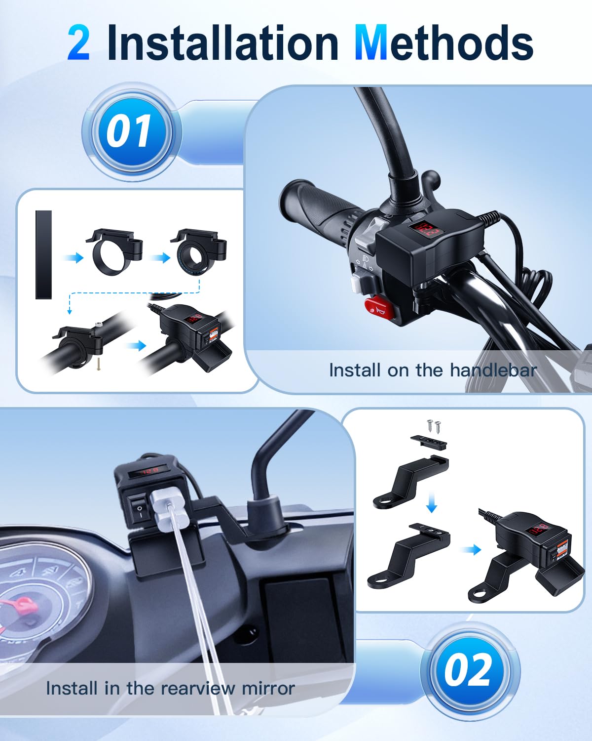 EXTRACTME Motorcycle USB Charger - Dual Port Quick Charge 3.0 with Voltmeter & ON/OFF Switch - Waterproof Phone Charger for Motorcycles - Compatible with iPhone, Android, Tablet & GPS Devices - Perfect for Road Trips, Commuting & Adventure Riding (Red)