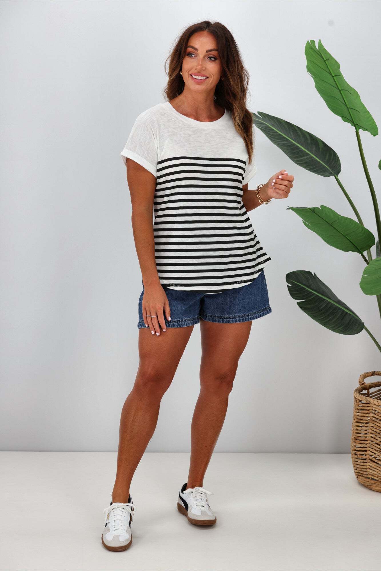 Betty Basics Hailey Short Sleeve T-Shirt for Women - White & Black Striped Cotton Tee | Casual Everyday Wear, Summer Outfits, Layering Essential