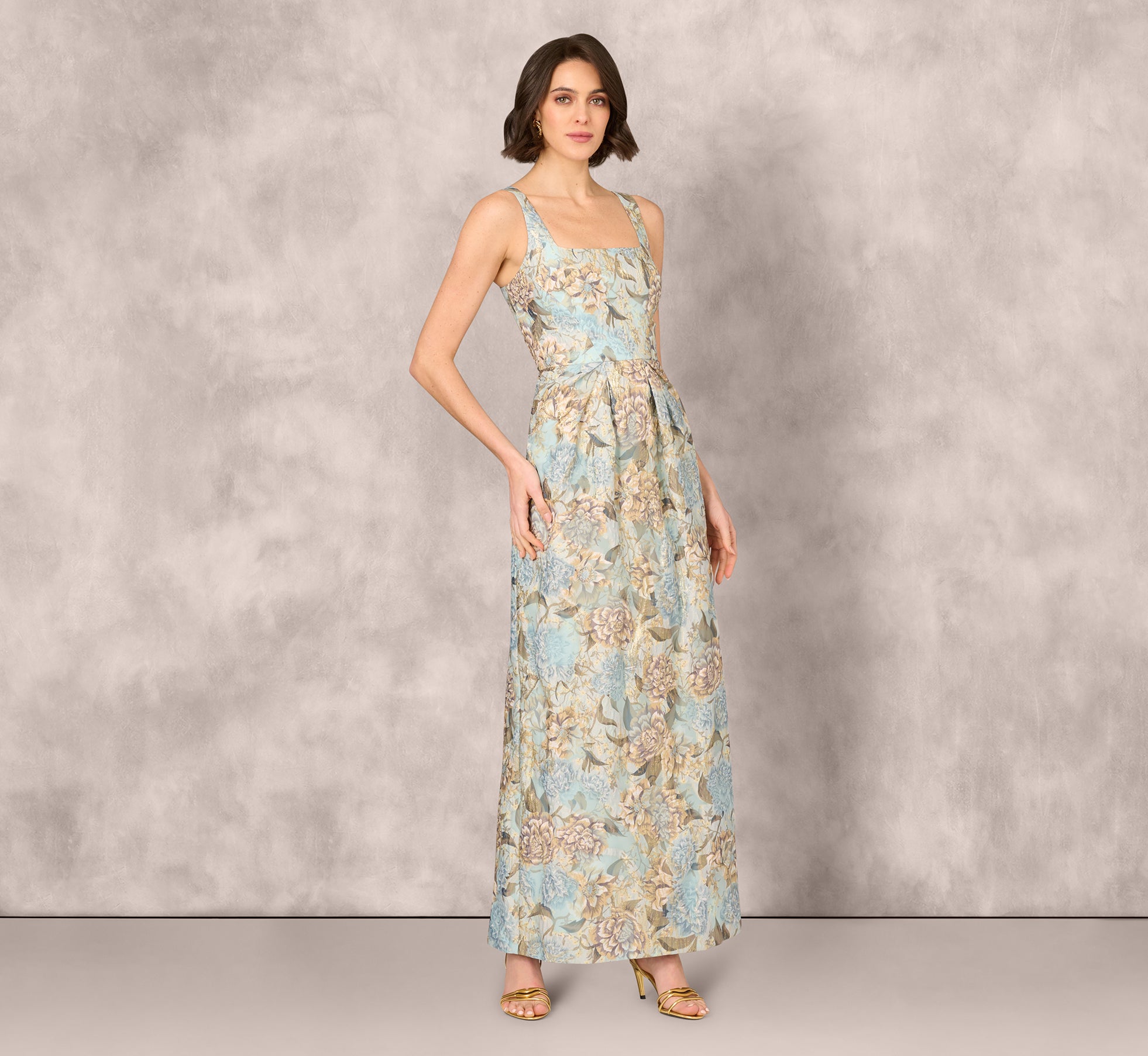 Blue Gold Floral Jacquard Sleeveless Square Neck Column Gown - Elegant Evening Dress for Prom, Wedding & Formal Events