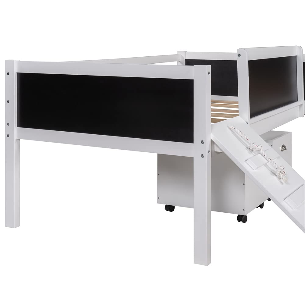 Kids Twin Size Wood Loft Bed Frame with Storage & Slide - Low Profile Design, No Box Spring Needed (White) | Perfect for Small Bedrooms, Playrooms & Space-Saving Kids' Rooms