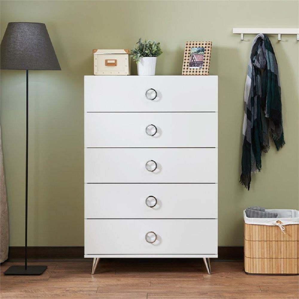 Modern White 5-Drawer Dresser with Solid Wood Frame - Wide Storage Chest of Drawers for Bedroom, Living Room & Entryway - Perfect Clothes Organizer for Home, Office or Dorm Room Storage Solutions