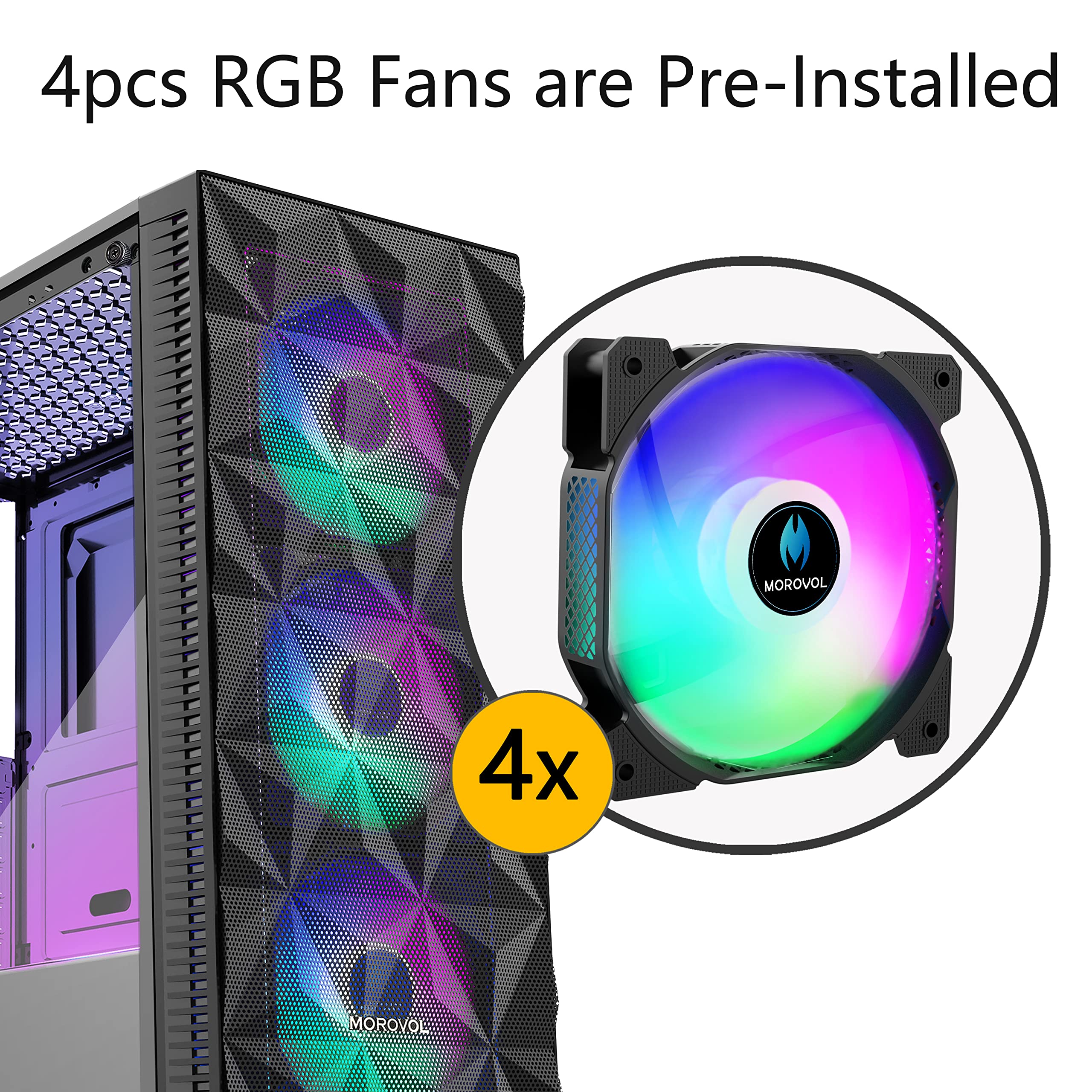 ATX Mid Tower Gaming PC Case with 4 Pre-Installed RGB Fans, Diamond Mesh Front Panel & Tempered Glass Side | High Airflow Design with USB 3.0 Ports | Perfect for Gaming Rigs, Streaming Setups & Workstation Builds