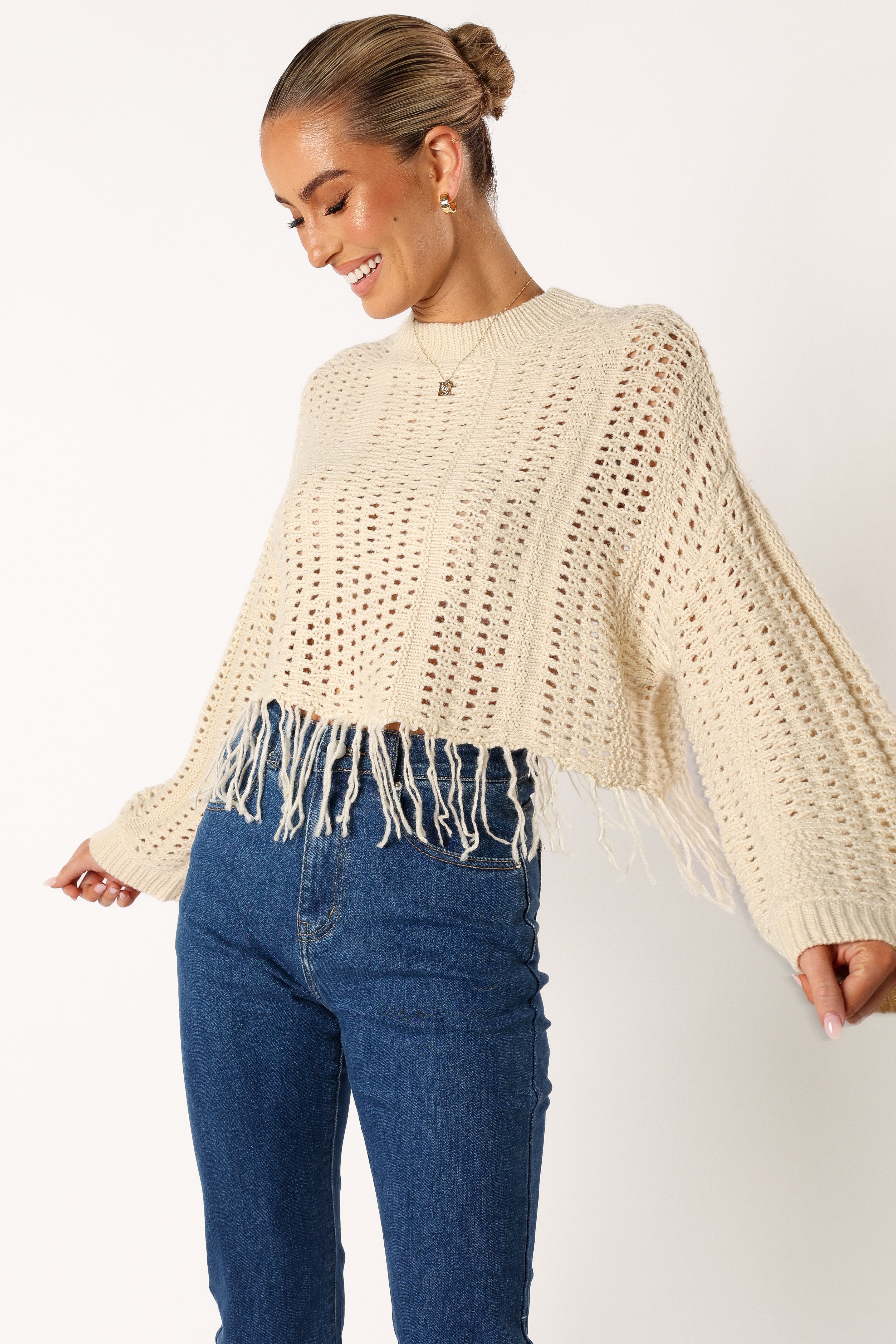 Katalina Fringe Crop Knit Sweater for Women | Cream Color | Soft Yarn Material | Perfect for Casual Outfits, Date Nights & Fall Fashion