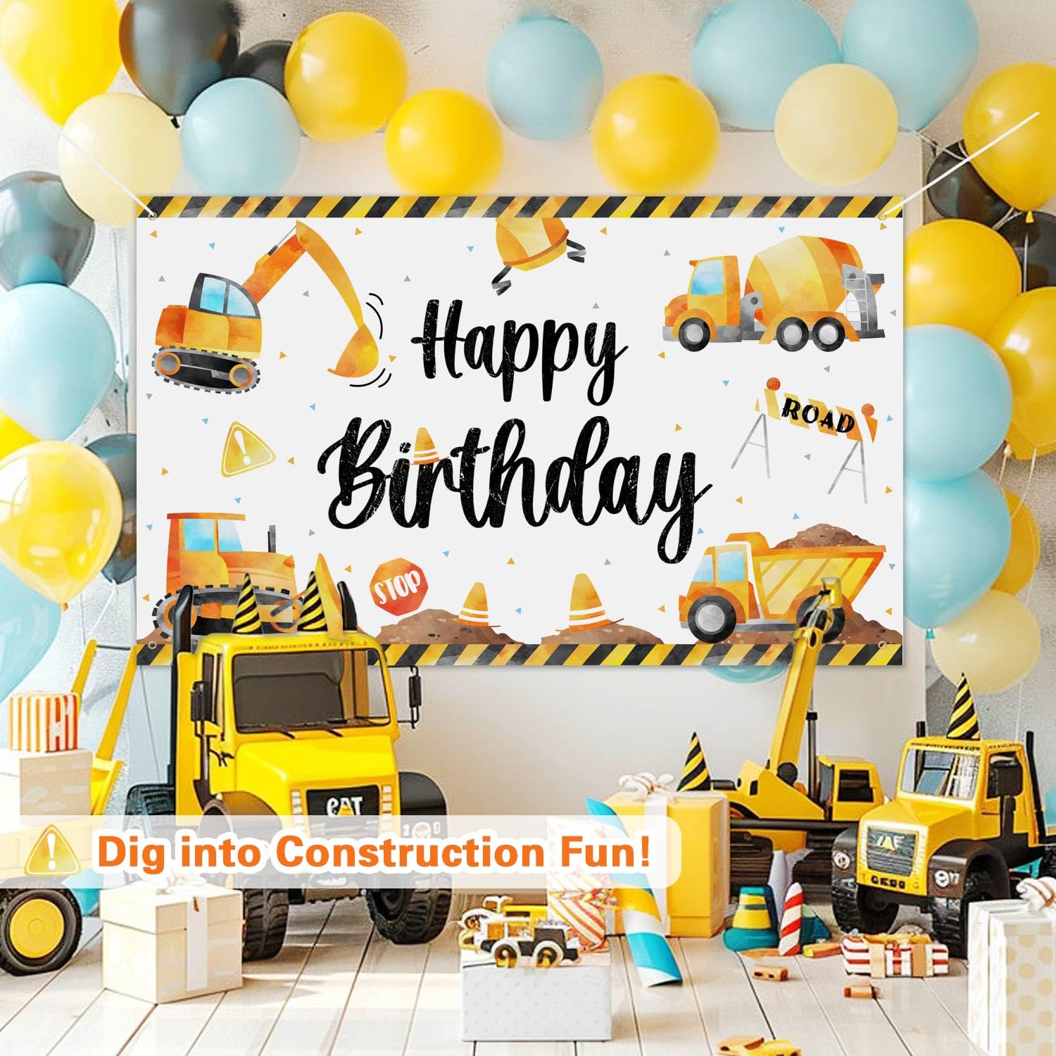 3 x 5Ft Construction Themed Birthday Party Backdrop Banner - Heavy Duty Vinyl Decor for Boys Construction Party, Kids Birthday, Baby Shower & Construction Site Photo Booth Background