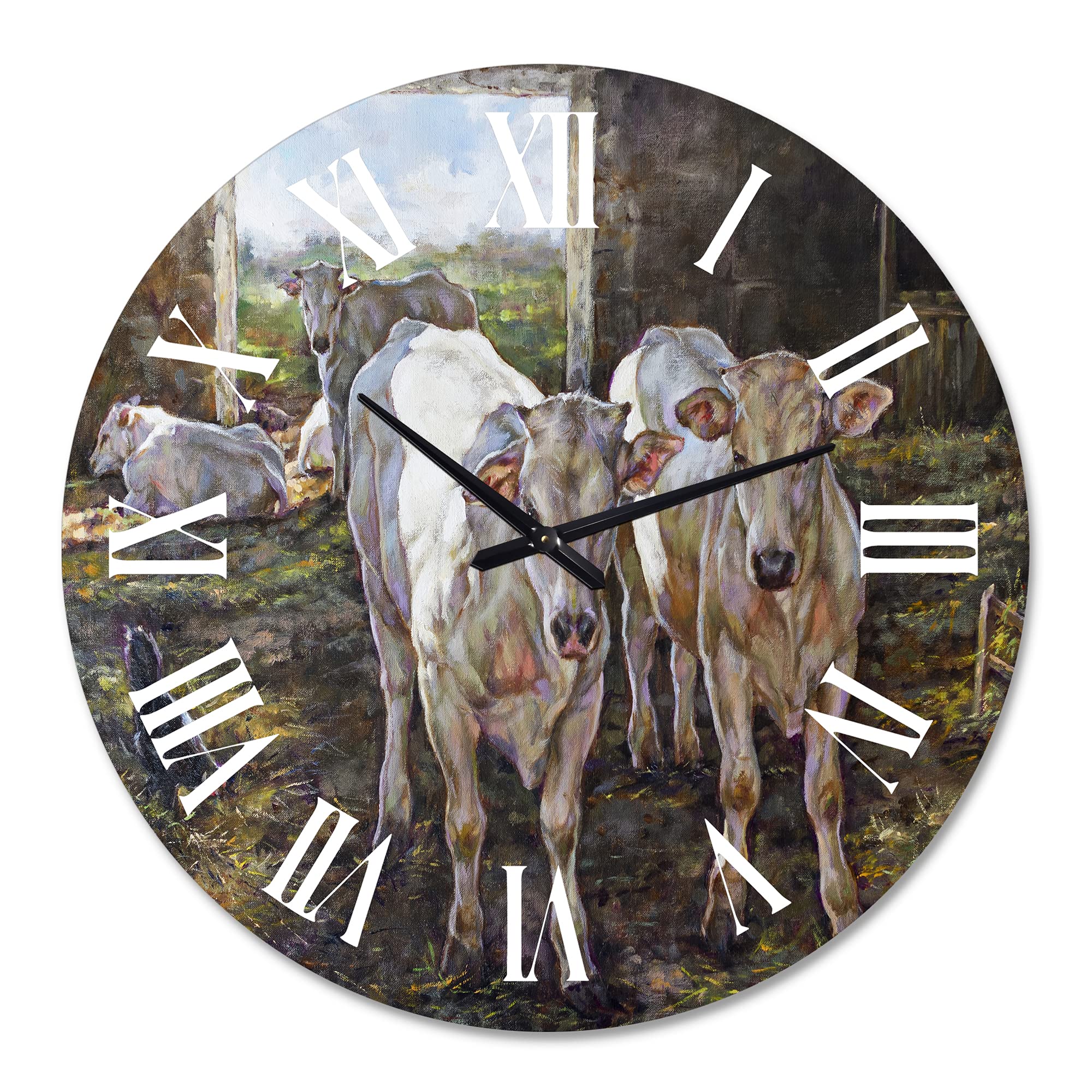 DesignQ Farmhouse Wall Clock - 'Two Cows in The Stable' Large Rustic Animal Wall Clock for Living Room, Kitchen, Bedroom Decor - Perfect for Country Home, Cabin & Farmhouse Style Interiors