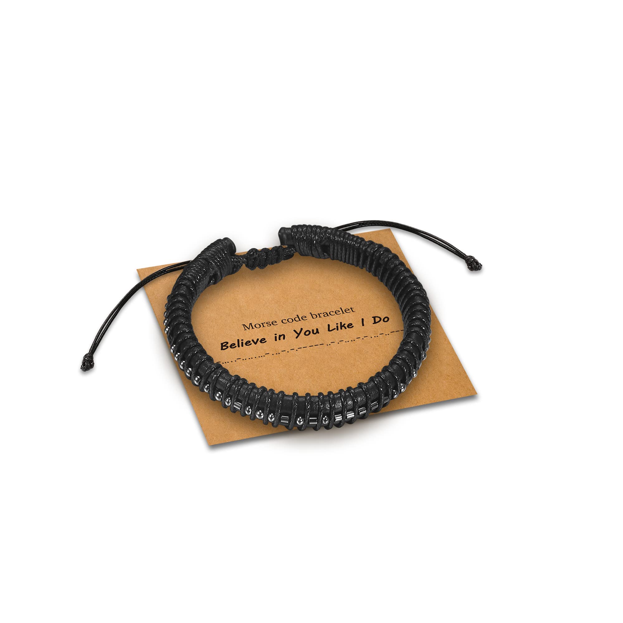 Morse Code Bracelet for Men - Gunmetal Beads on Black Leather - Inspirational Gift for Him, Boyfriend, Husband, Dad, Brother - Best Friend Jewelry - Perfect for Daily Wear, Special Occasions & Meaningful Gifts
