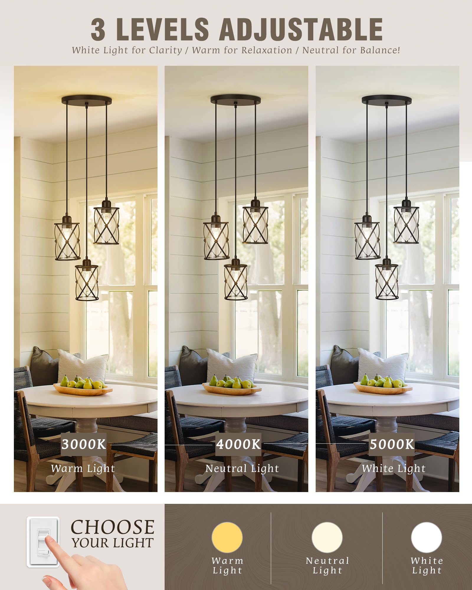 3-Light Black Industrial Pendant Lighting - Modern Adjustable Farmhouse Ceiling Light Fixture with Clear Glass Shades for Kitchen Island, Dining Room & Bar Counter | CH9176BK3