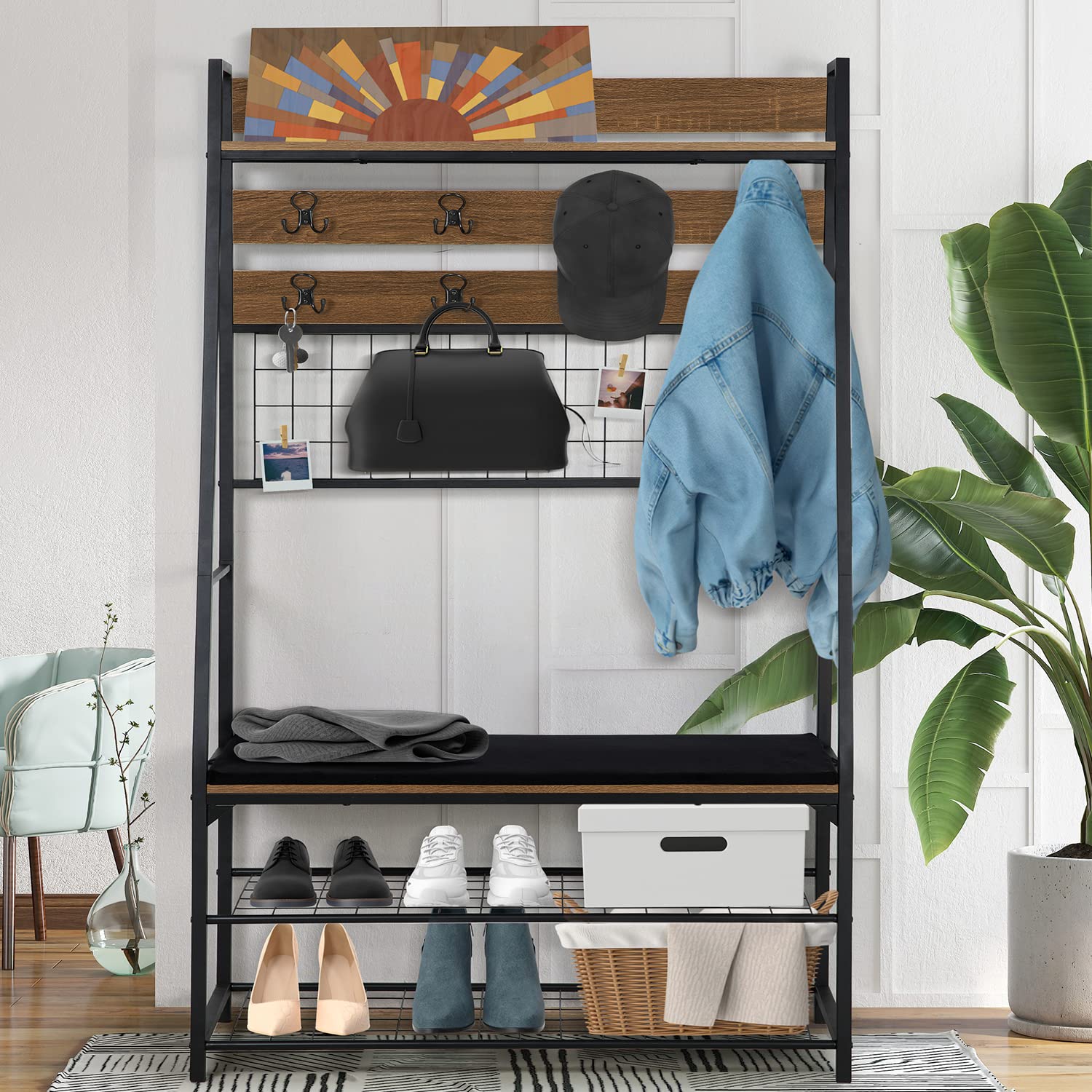 Hall Tree with Bench & Shoe Storage - Freestanding Entryway Coat Rack Organizer for Backpacks, Jackets & Shoes | Perfect for Mudroom, Foyer & Small Space Entryway Organization