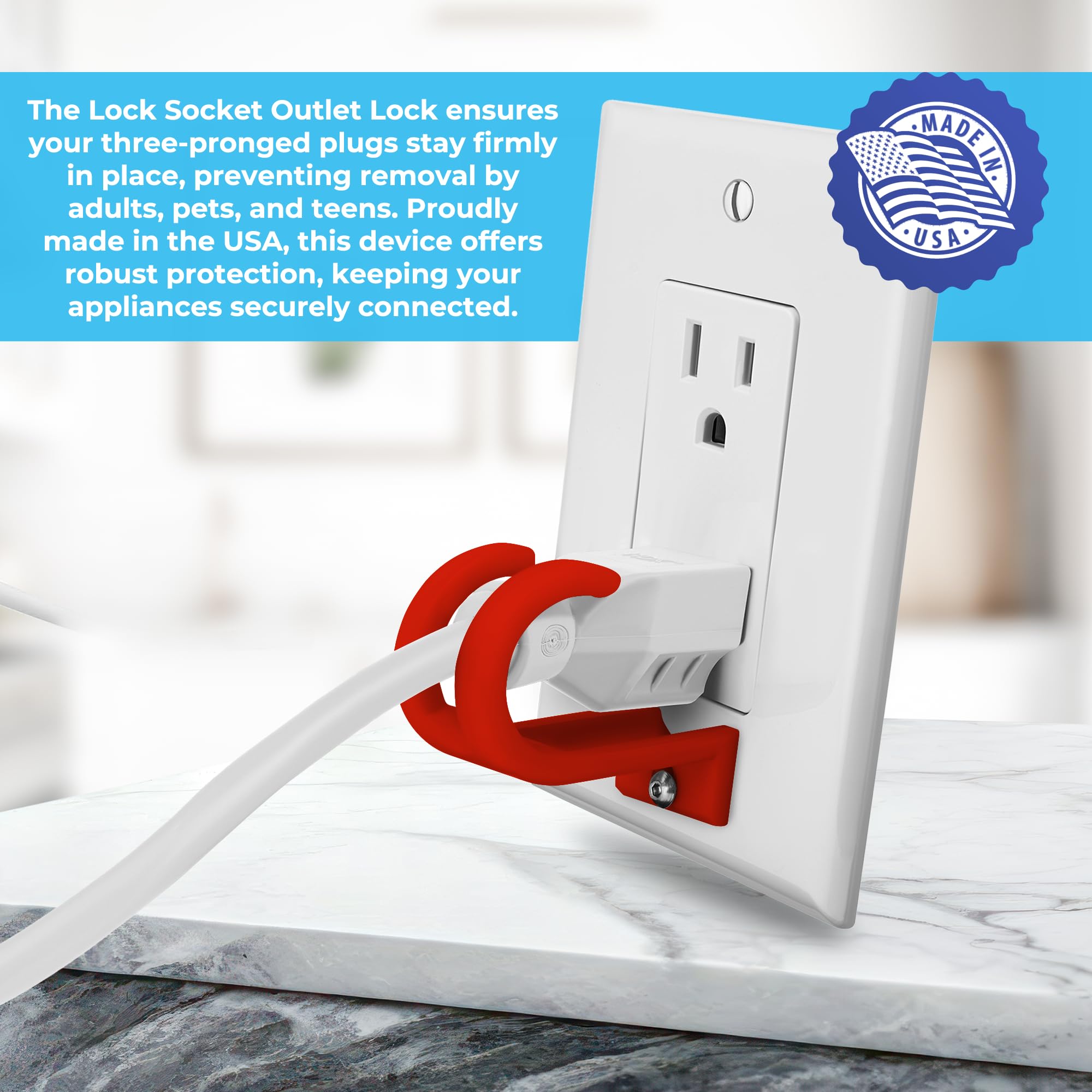 LOCK SOCKET Red Anti-Theft Outlet Lock - Secure 3-Prong Plugs, Childproof Electrical Socket Protector with Security Screw & Allen Wrench - Ideal for Home, Office & Public Spaces to Prevent Unplugging