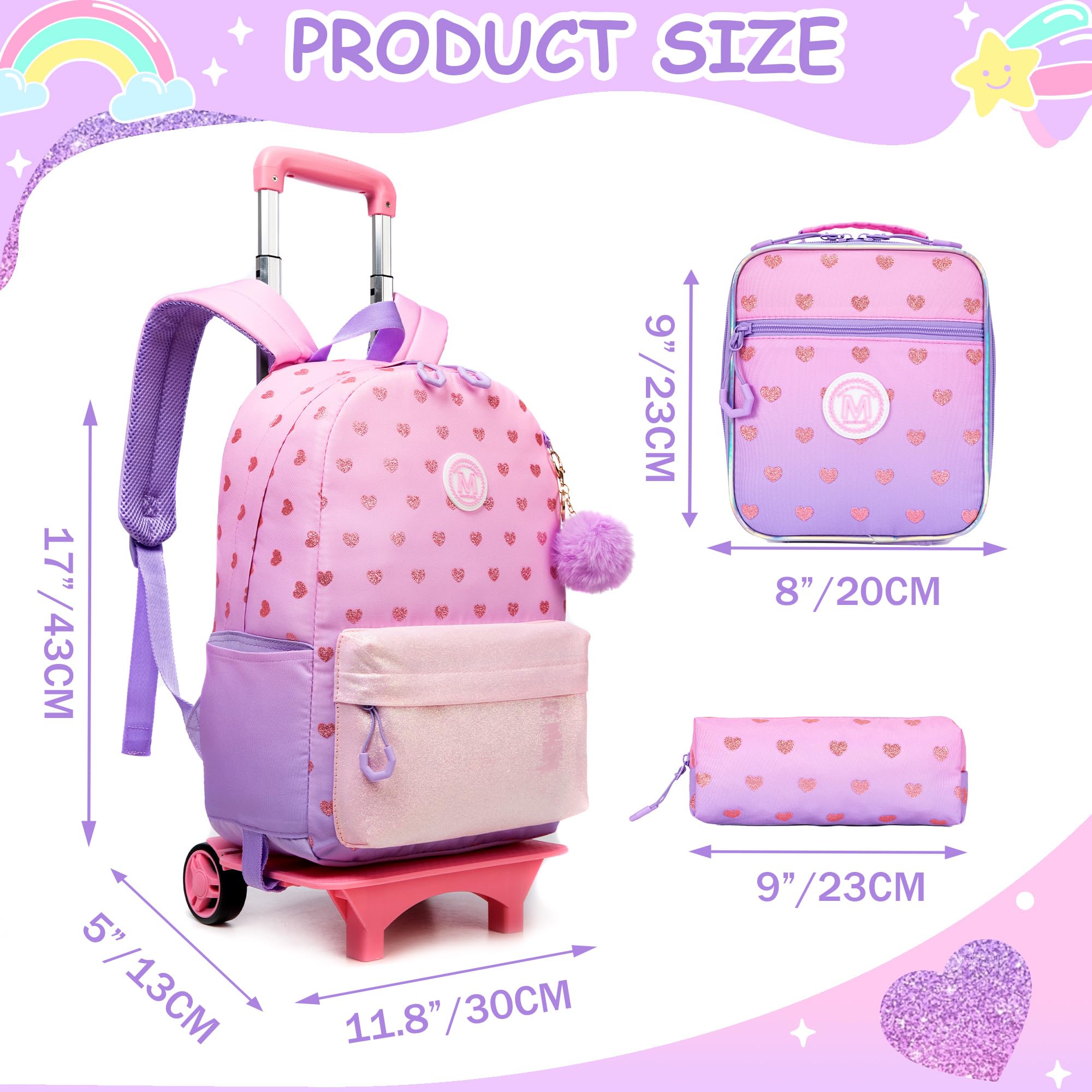 Meetbelify Rolling Backpack for Girls - Wheeled School Backpack for Elementary & Teen Students, Travel Carry-On Luggage Suitcase (Ages 8-10) - Perfect for School, Travel & Daily Commute
