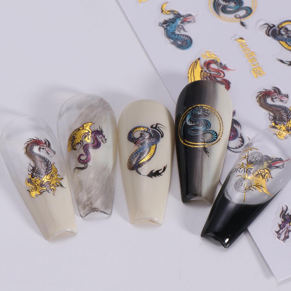 3D Dragon Nail Stickers - Chinese Dragon Nail Decals for Nail Art Designs | Flying Dragon Manicure Stickers for Women | Perfect for Halloween, Cosplay, and Festival Nail Decorations