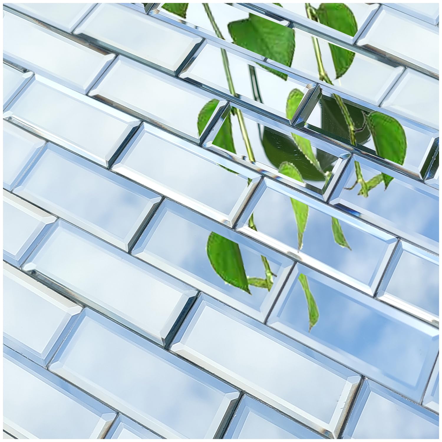 Peel and Stick Beveled Mirror Glass Tiles - 2.5x1 Inch Self-Adhesive Backsplash Tiles for Kitchen & Bathroom Wall Decor - Set of 32 Mirror Mosaic Strips - Perfect for Accent Walls, Vanity Areas, and DIY Home Improvement Projects
