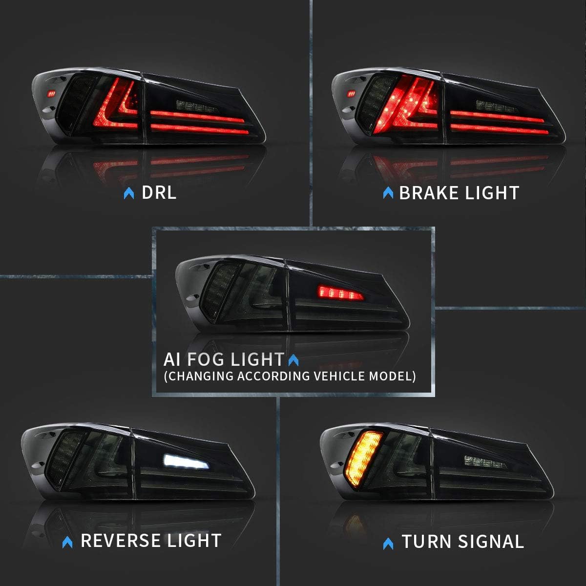 VLAND LED Headlights & Tail Lights for Lexus IS250 IS350 2006-2012 - Clear Headlamps + Smoke Rear Lights for Night Driving