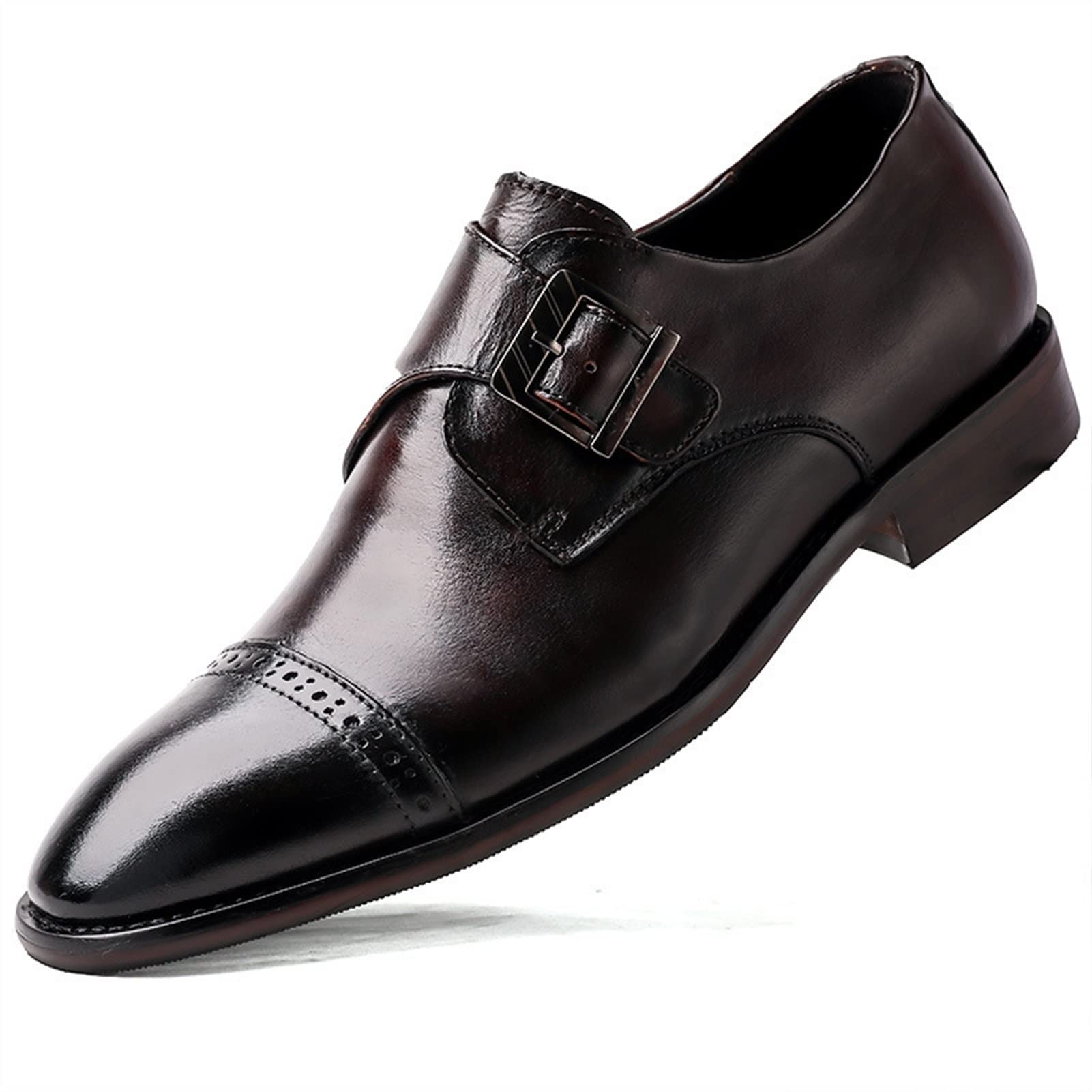 Premium Men's Leather Dress Shoes - Slip-On Monk Strap Formal Shoes with Burnished Toe Cap & Non-Slip Sole | Dark Brown Business & Wedding Shoes for Office, Parties & Special Occasions