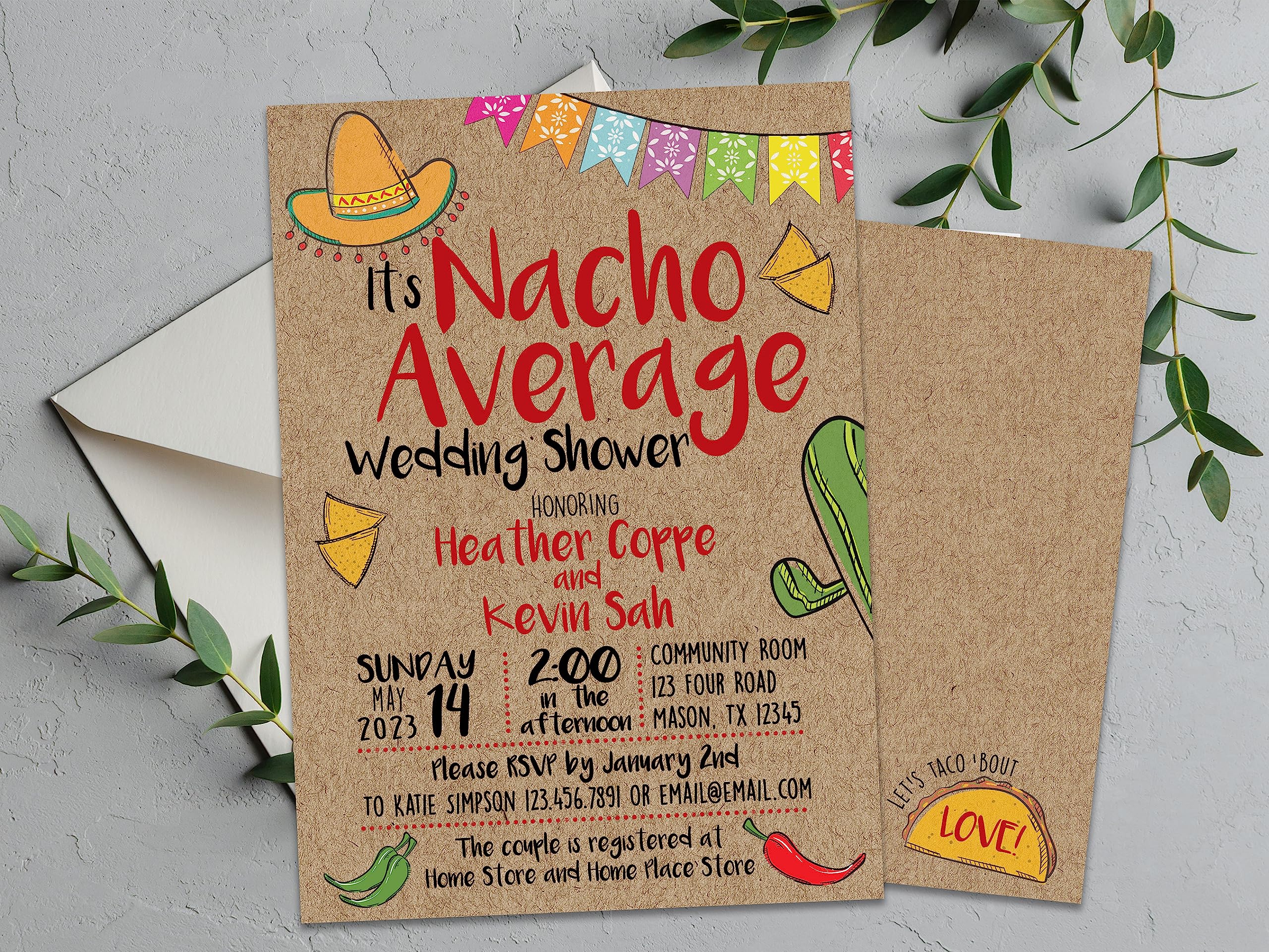 Nacho Average Bridal Shower Invitations - Kraft Fiesta Wedding Invites for Mexican Themed Parties & DIY Wedding Celebrations