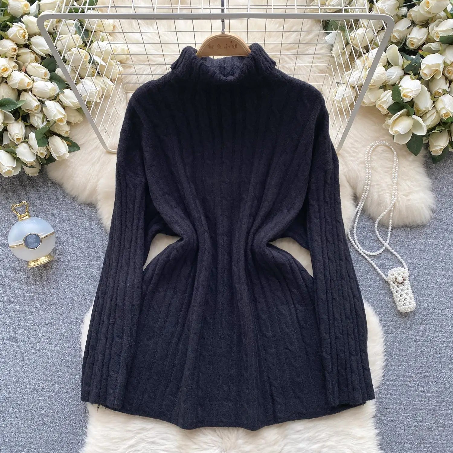 Women's Elegant High Neck Knit Sweater - Warm Winter Pullover with Long Sleeves, Loose Fit Crochet Top for Casual & Office Wear | Cozy Autumn Winter Fashion