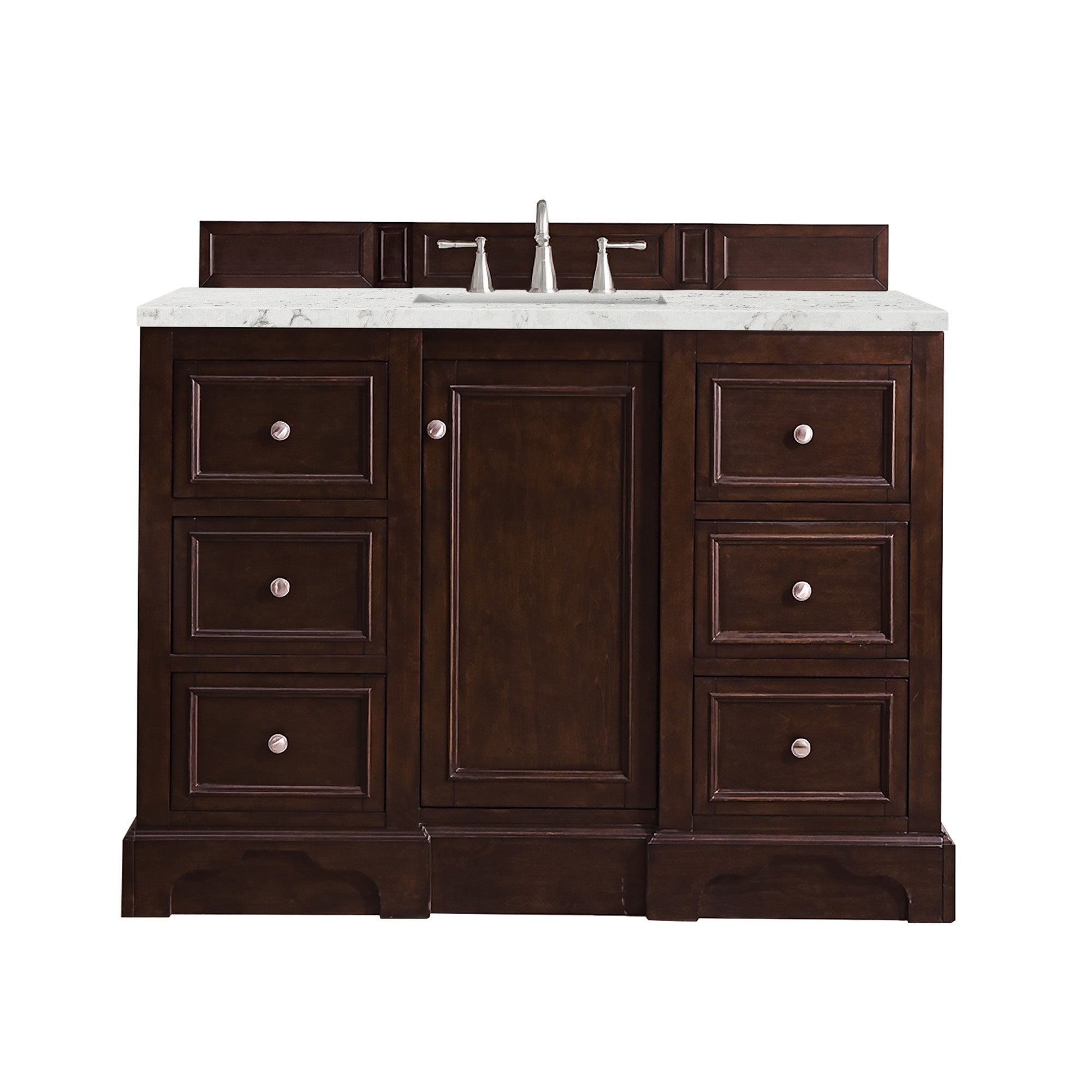 De Soto 48 Inch Single Bathroom Vanity with Burnished Mahogany Finish & 3CM Eternal Jasmine Pearl Quartz Countertop - Perfect for Modern Master Bathrooms and Powder Rooms