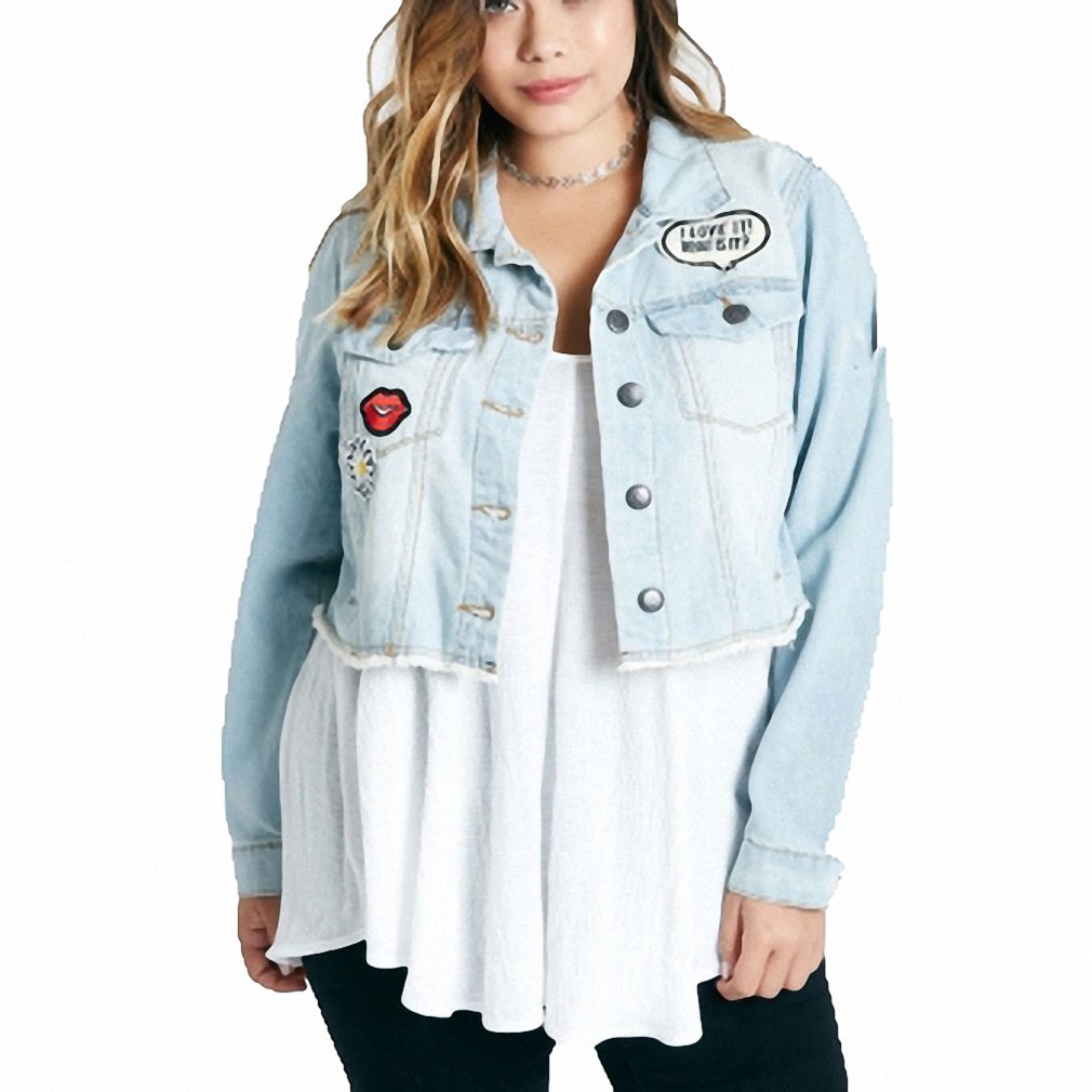 Plus Size Women's Distressed Denim Jacket with Patches - Vintage Style Short Jean Jacket for Casual Outfits & Streetwear Fashion